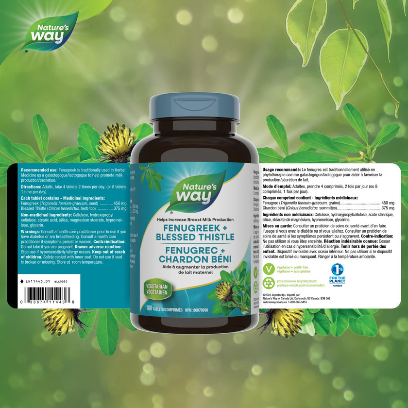 Nature's Way Fenugreek + Blessed Thistle – Herbal Supplement for Digestion & to Promote Lactation – 450mg Fenugreek & 375mg Blessed Thistle for Breastfeeding Support – 180 Vegetarian Tablets 🍁 All In One Marketplace Canada
