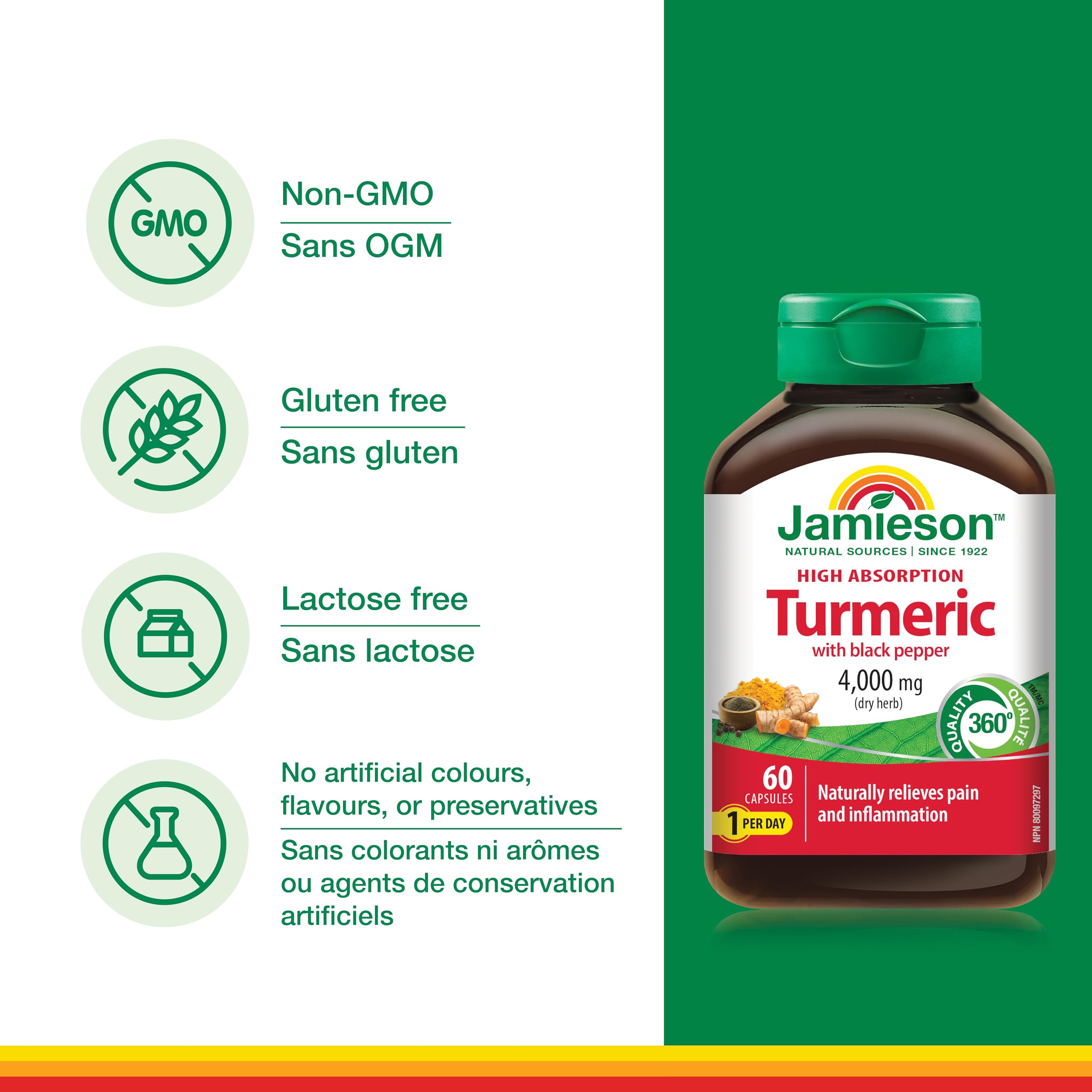 Jamieson Turmeric 4,000 mg, with Black Pepper, 60 Vegetarian Capsules, Natural Joint Pain Relief, Supports Inflammation, Helps with Digestion. High Absorption, Non-GMO, Proudly Canadian 🍁 All In One Marketplace Canada