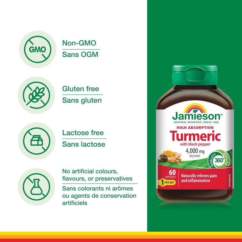 Jamieson Turmeric 4,000 mg, with Black Pepper, 60 Vegetarian Capsules, Natural Joint Pain Relief, Supports Inflammation, Helps with Digestion. High Absorption, Non-GMO, Proudly Canadian 🍁 All In One Marketplace Canada