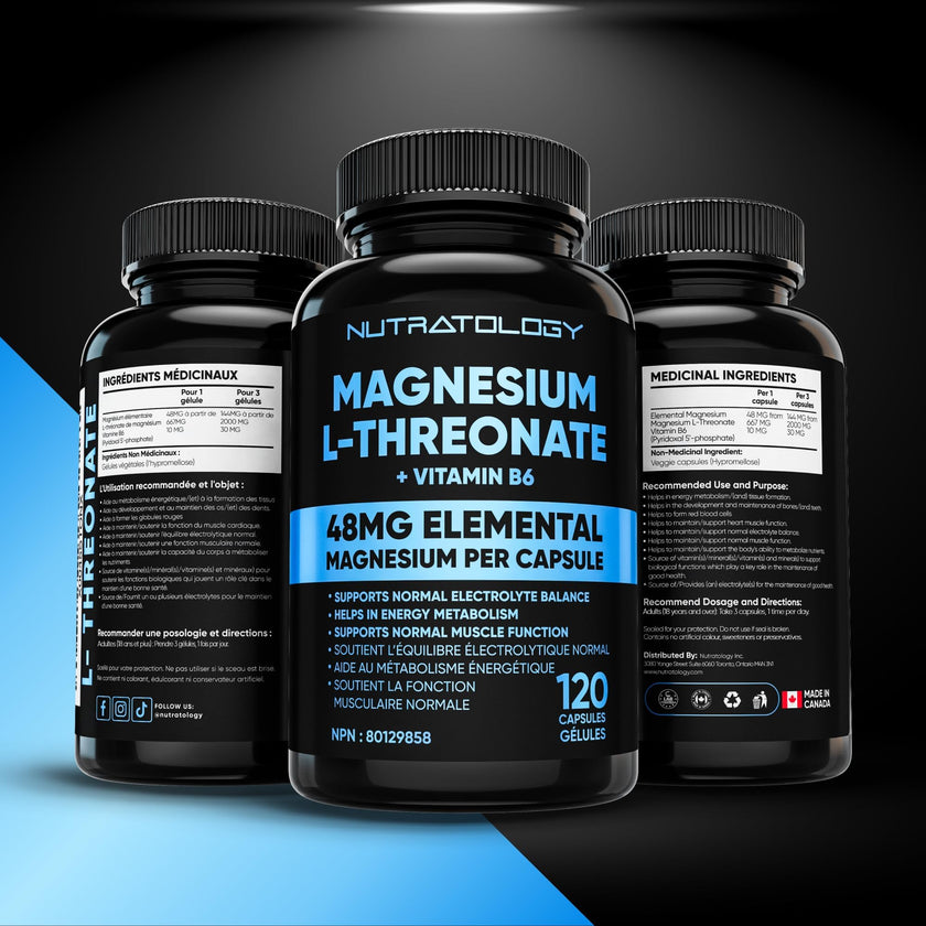 Nutratology® Magnesium L-Threonate + Vitamin B6 | Canadian-Made | Formulated To Help Support Heart & Muscle Function - Balances Electrolytes, Supports Energy Metabolism & Tissue Formation - 120 Count 🍁 All In One Marketplace Canada