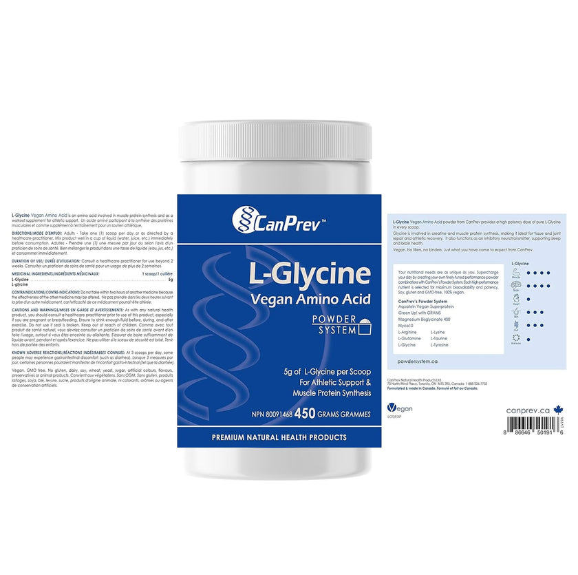 CanPrev L-Glycine Vegan Amino Acid Powder 450g – 90 Servings – Pure 5g Glycine for Active Lifestyle, Daily Calm & Recovery – Proudly Canadian-Made 🍁 All In One Marketplace Canada