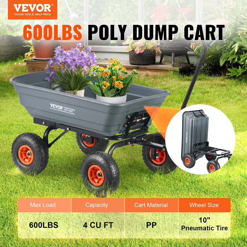 VEVOR Dump Cart, Poly Garden Dump Cart with Easy to Assemble Steel Frame, Dump Wagon with 2-in-1 Convertible Handle, Utility Wheelbarrow 600 lbs Capacity, 10 inch Tires 🍁 All In One Marketplace Canada