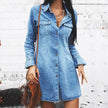 Long Sleeve Denim Button down Mini Dress Fashion Jeans Dress Women