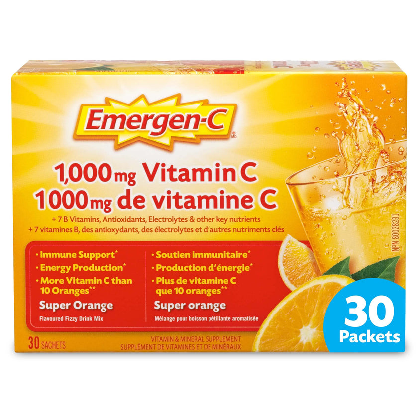 Emergen-C® Super Orange (30 Count), 1000mg Vitamin C / Electrolytes / B Vitamins Mineral Supplement 🍁 All In One Marketplace Canada