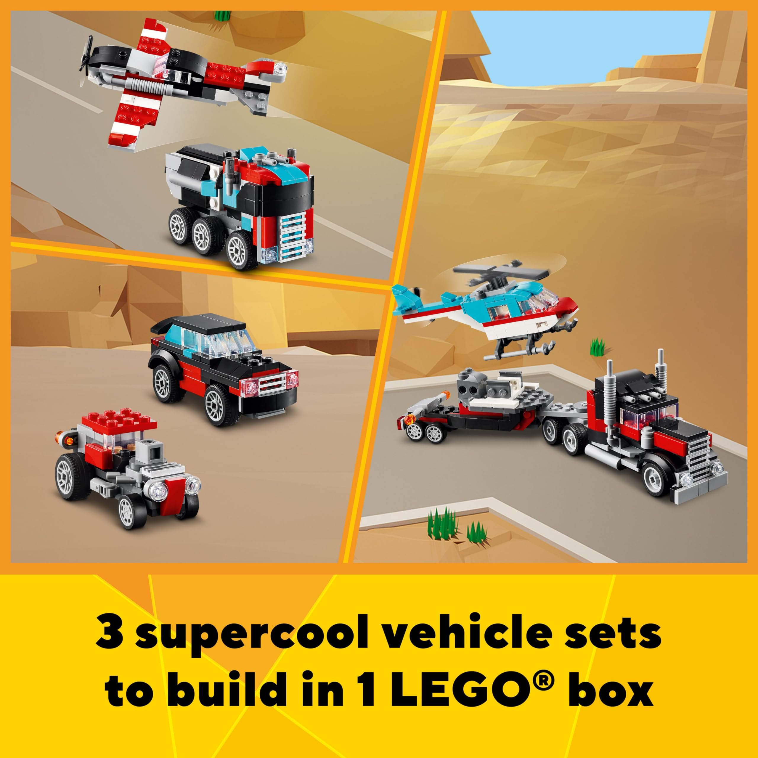 LEGO Creator 3 in 1 Flatbed Truck with Helicopter Toy, Transforms from Flatbed Truck Toy to Propeller Plane to Hot Rod and SUV Car Toys, Gift Idea for Boys and Girls Ages 7 Years Old and Up, 31146 🍁 All In One Marketplace Canada