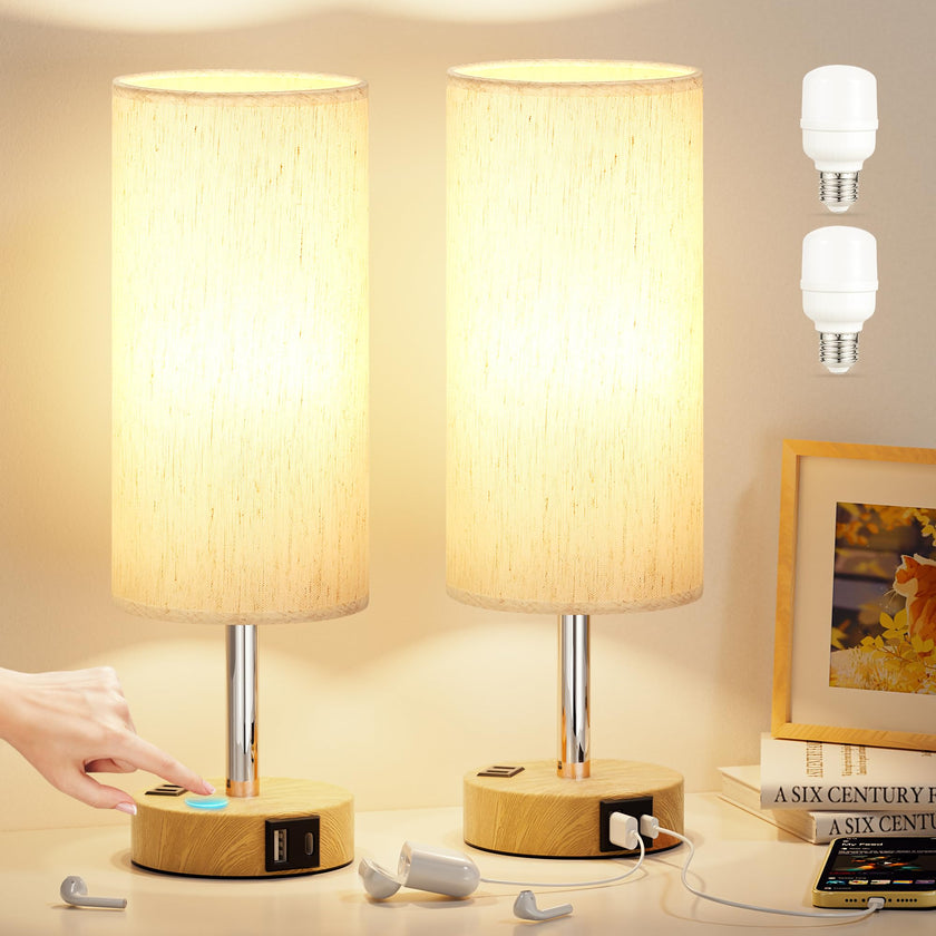 Table Lamp for Bedroom Set of 2 - Touch 3 Way Dimmable Bedside Lamps with USB C and A Ports, Night Lamp for Nightstand with AC Outlet, Desk Lamps for Living Room, Reading Room, Kids Room, Office 🍁 All In One Marketplace Canada