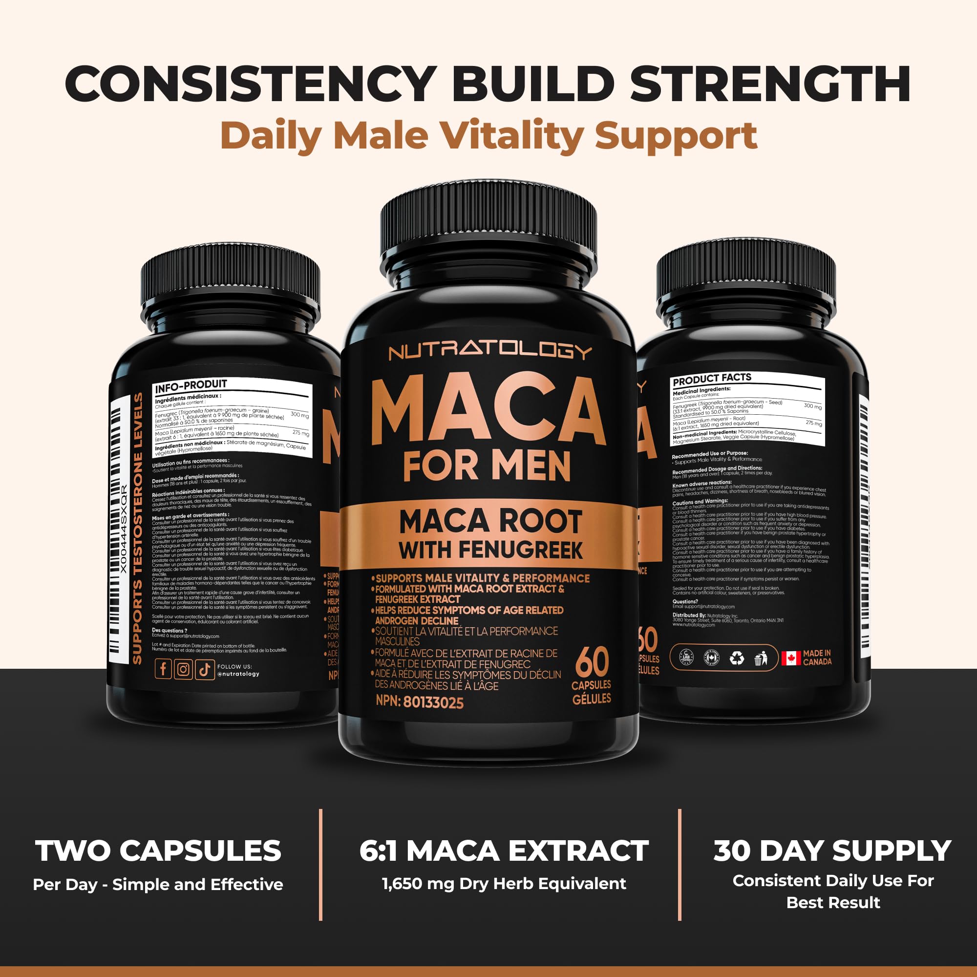 Nutratology® Maca for Men | Canadian Made | Helps Increase Stamina & Energy | Formulated with a 6:1 Extract & 33:1 Fenugreek Extract | Maca Root With Fenugreek Supplement for Men | 60 Capsules 🍁 All In One Marketplace Canada
