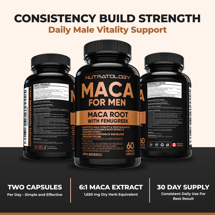 Nutratology® Maca for Men | Canadian Made | Helps Increase Stamina & Energy | Formulated with a 6:1 Extract & 33:1 Fenugreek Extract | Maca Root With Fenugreek Supplement for Men | 60 Capsules 🍁 All In One Marketplace Canada
