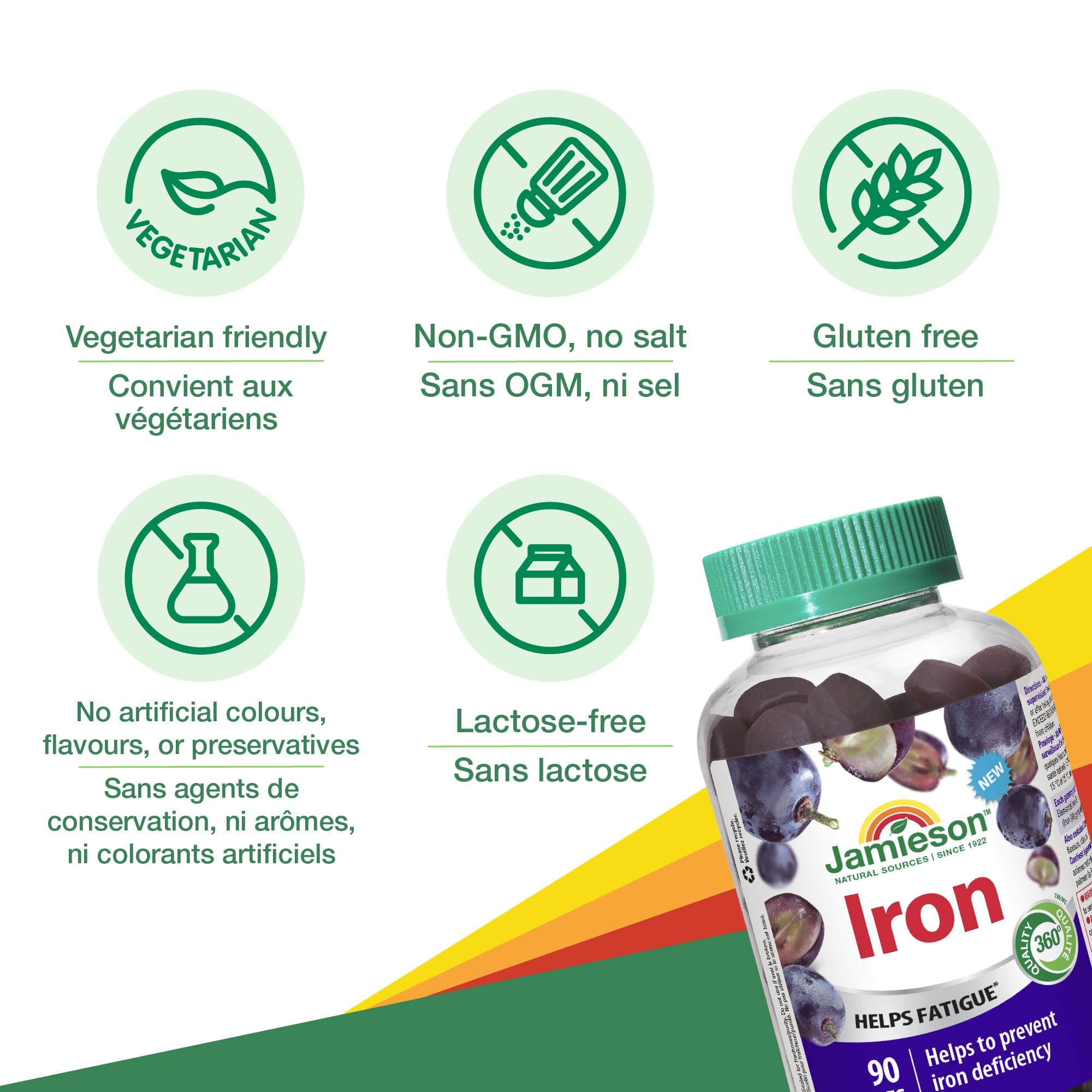 Jamieson Iron Gummies Grape Flavour, 90 Gummies, Supports Overall Health, Helps with Fatigue, Prevents Deficiency and Anemia. Vegetarian, Non-GMO, No Artificial Colours, Flavours or Preservatives 🍁 All In One Marketplace Canada