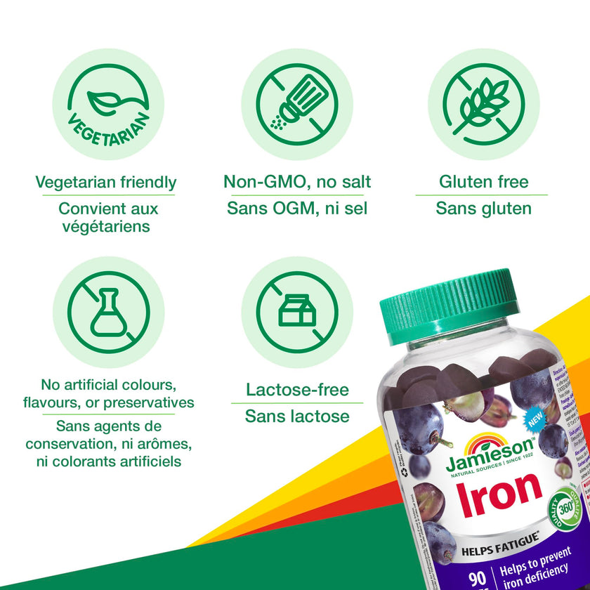 Jamieson Iron Gummies Grape Flavour, 90 Gummies, Supports Overall Health, Helps with Fatigue, Prevents Deficiency and Anemia. Vegetarian, Non-GMO, No Artificial Colours, Flavours or Preservatives 🍁 All In One Marketplace Canada