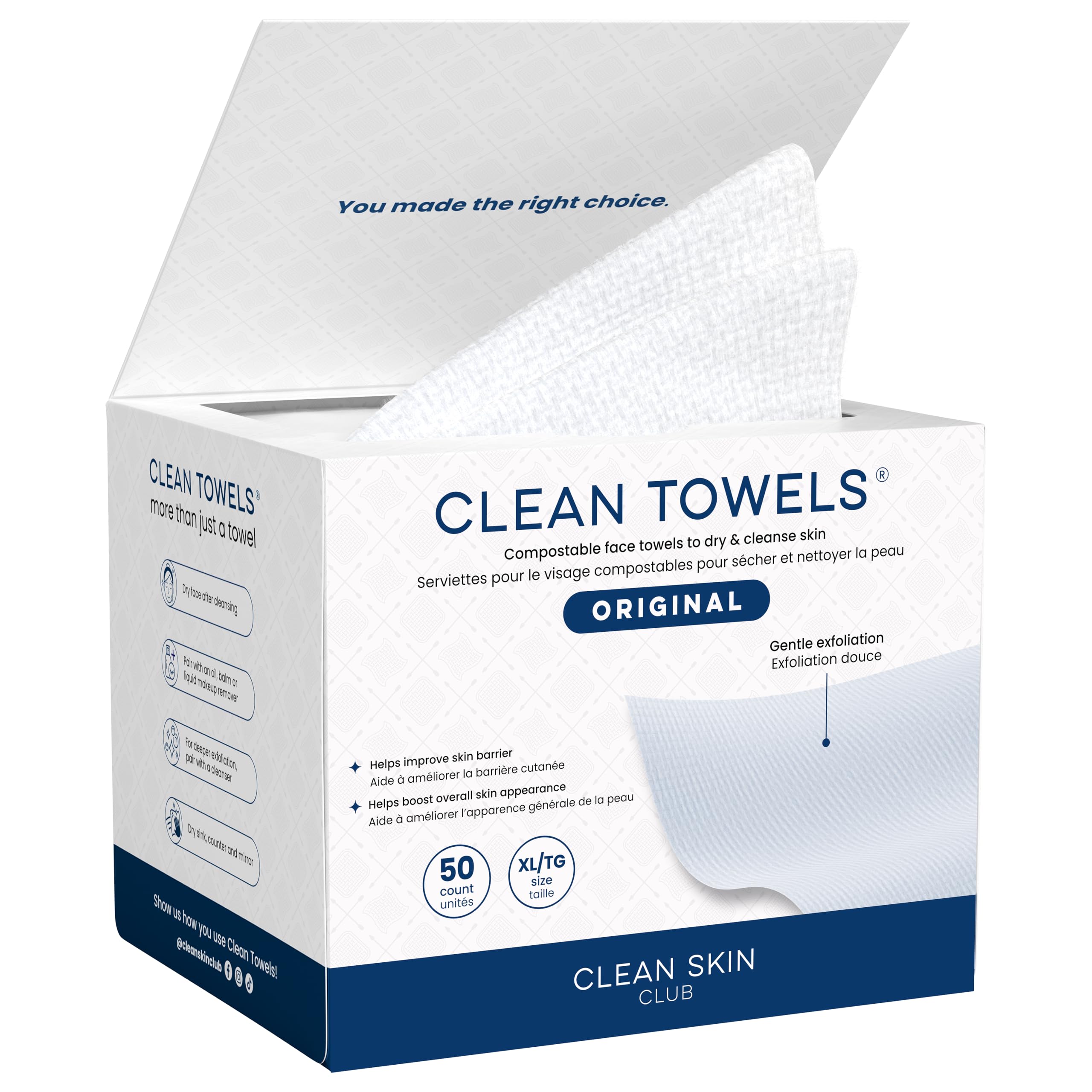 Clean Skin Club Clean Towels XL®, 100% USDA Biobased Face Towel, Disposable Face Towelette, Eczema Association Accepted, Makeup Remover Dry Wipes, Ultra Soft, 1 Pack, 50 Ct 🍁 All In One Marketplace Canada