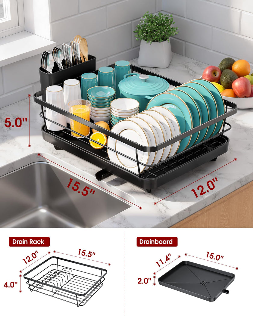 Sakugi Dish Drying Rack - Compact Dish Racks with Drain Board for Kitchen Counter, Durable Stainless Steel Dish Rack Used in Sink & on Countertop, Dark Black, Large 🍁 All In One Marketplace Canada
