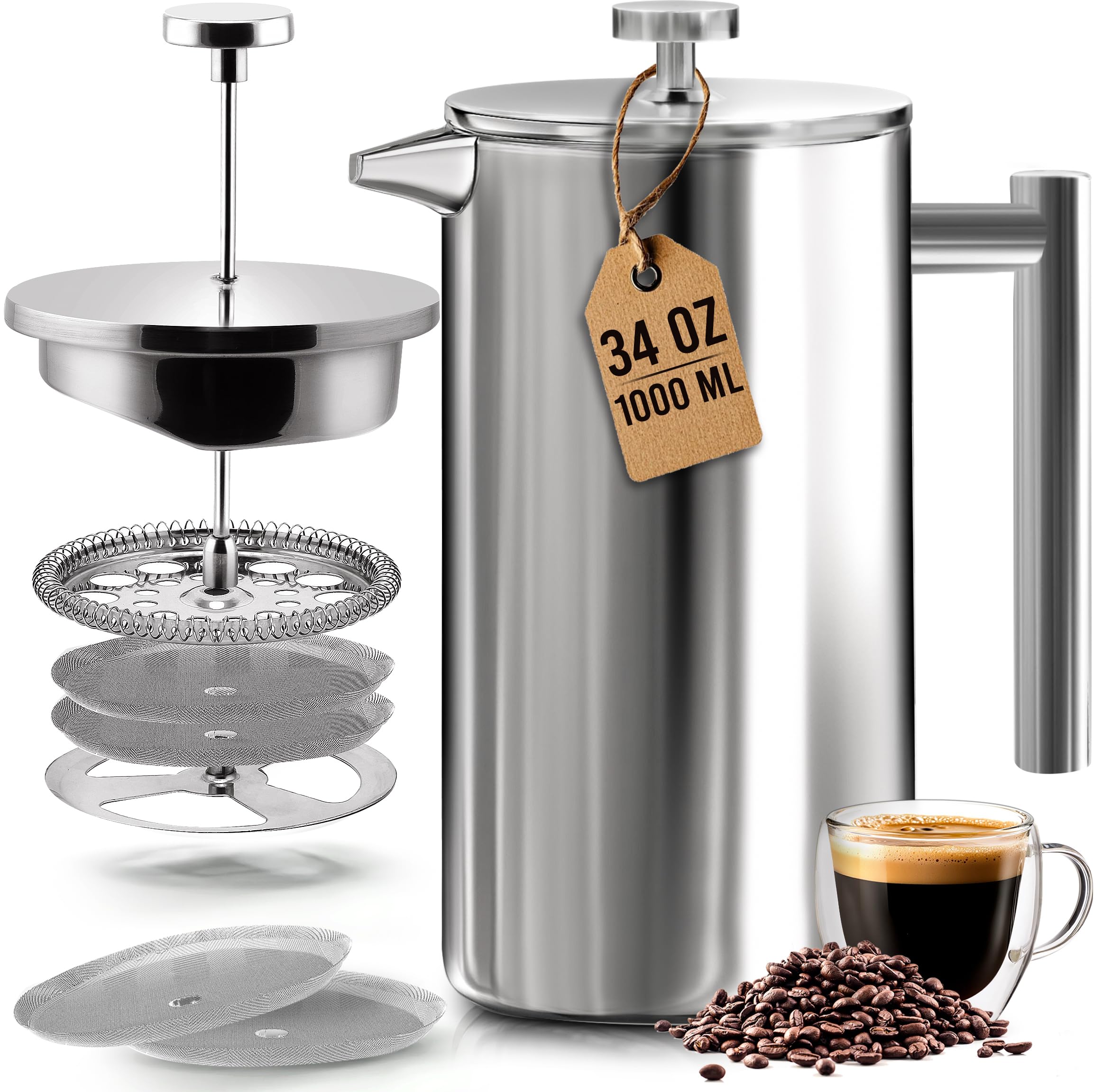 KICHLY 34 OZ French Press, Stainless Steel Double Walled Insulated Coffee Press with Refined Filters, Espresso and Tea Maker - Silver 🍁 All In One Marketplace Canada