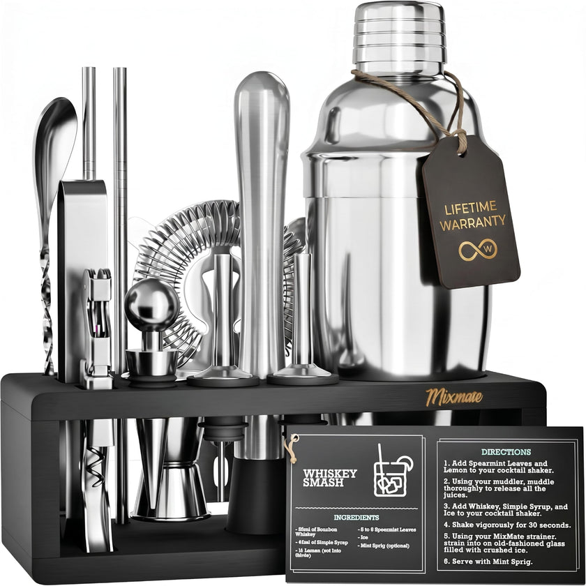 Mixology Bartender Kit with Stand | 15 Piece Bar Tool Set, Silver Bar Set Cocktail Shaker Set for Drink Mixing - Includes Martini Shaker, Jigger, Strainer, Bar Mixer Spoon, Tongs | Gift Idea (Silver) 🍁 All In One Marketplace Canada