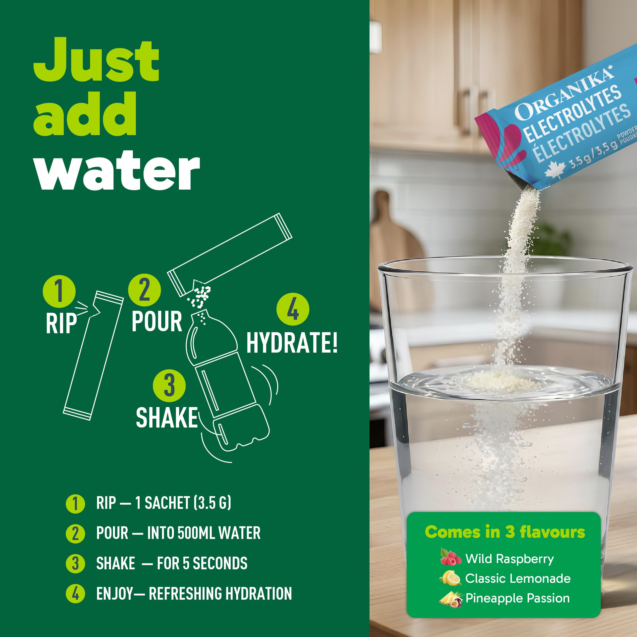 Organika Canadian-Made Electrolytes Powder with Vitamin C & Prebiotic Fibre - Sugar-Free Hydration Drink Mix Variety Pack - Lemonade, Raspberry & Pineapple Passionfruit - 21 Single-Serve Sachets x 3.5g 🍁 All In One Marketplace Canada