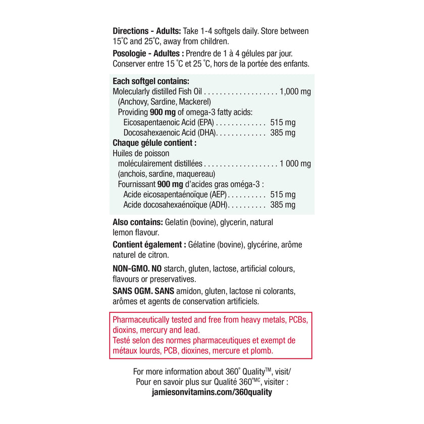Jamieson Ultra-Strength Omega-3 900 mg, No Fishy Aftertaste, Supports Heart, Brain, and Eye Health, Arthritis Support. High Potency, with EPA and DHA, Non-GMO, Gluten-Free, 75 Softgels, Proudly Canadian 🍁 All In One Marketplace Canada