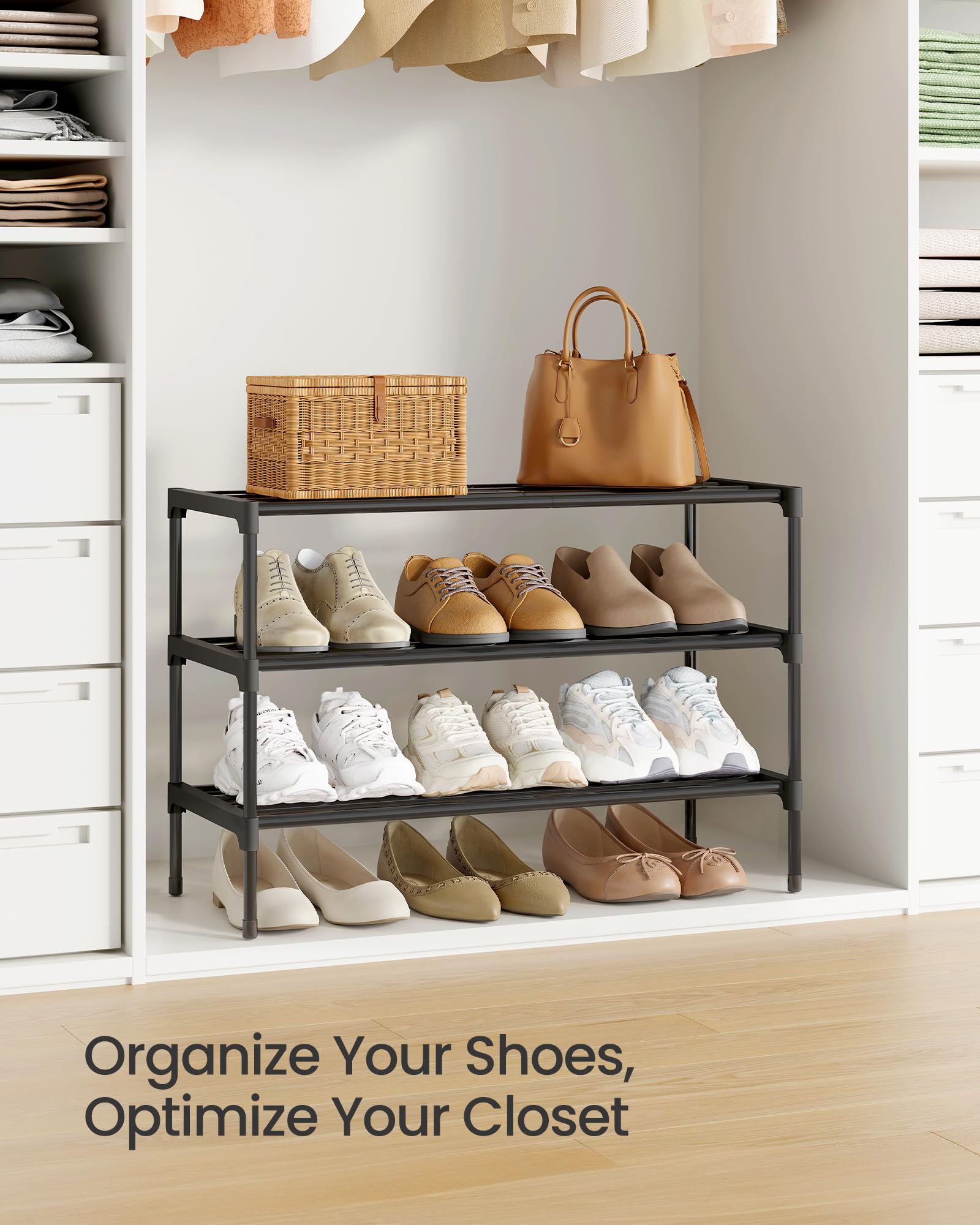 SONGMICS 3-Tier Shoe Rack for Closet, Compact Metal Shoe Organizer Shelf for Entryway, Bedroom, Small Spaces, Stackable, 11.8 x 24.5 x 19.1 Inches, Black ULSA123BH01 🍁 All In One Marketplace Canada