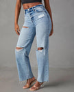 Ripped Raw-Hem High Waist Straight-Leg Jeans for Women – Casual Washed Denim