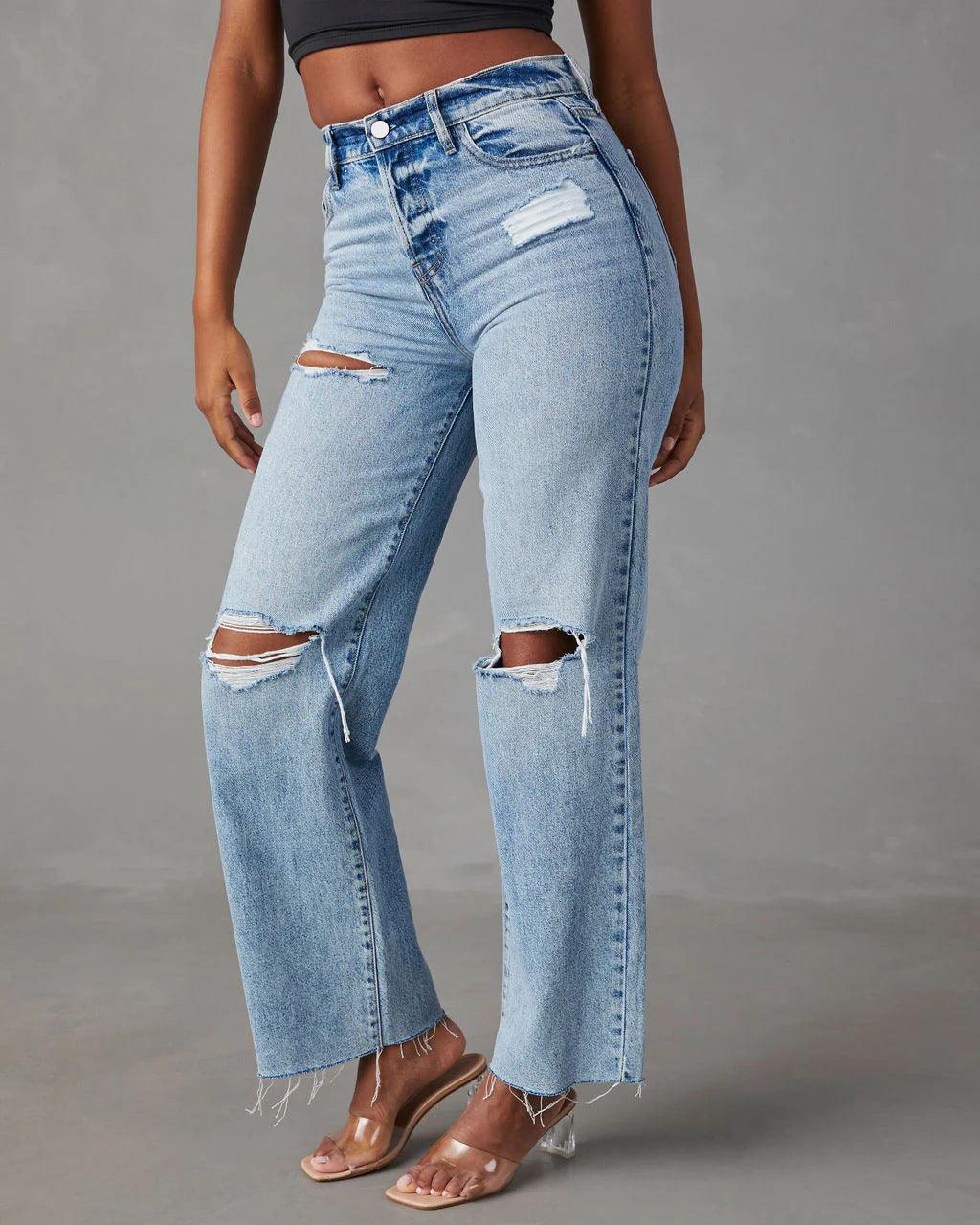 Ripped Raw-Hem High Waist Straight-Leg Jeans for Women – Casual Washed Denim