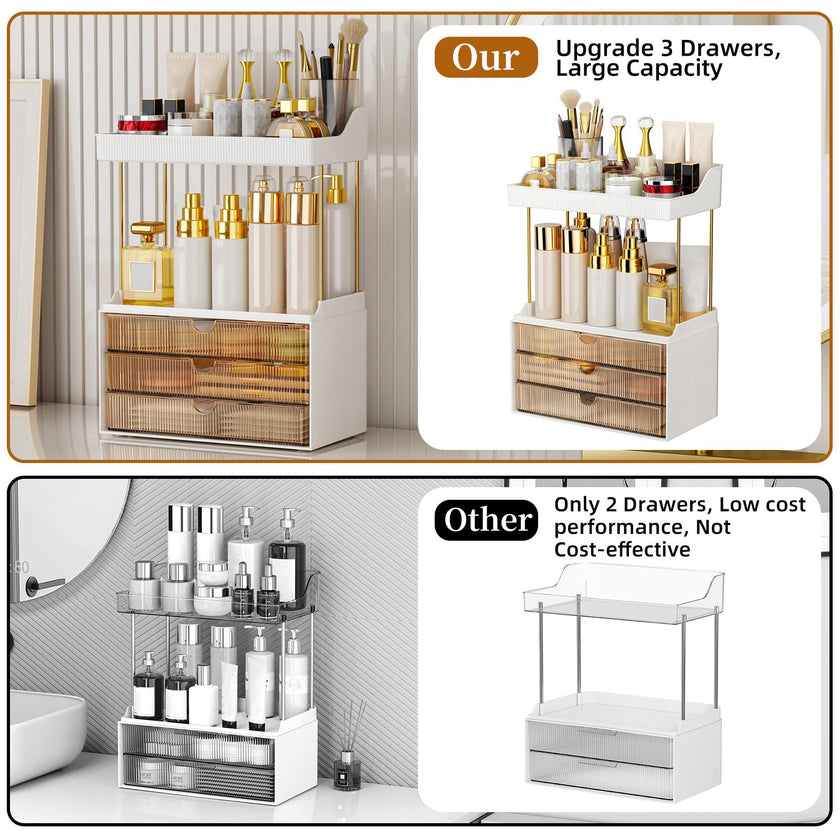 StorBin 3 Large Drawers Makeup Organizer - 5 Tier Bathroom Counter Organizers and Storage, Versatile Perfume Vanity Organizer, Ideal for Cosmetic, Large Skincare, Face Mask, Office Supplies, Amber 🍁 All In One Marketplace Canada