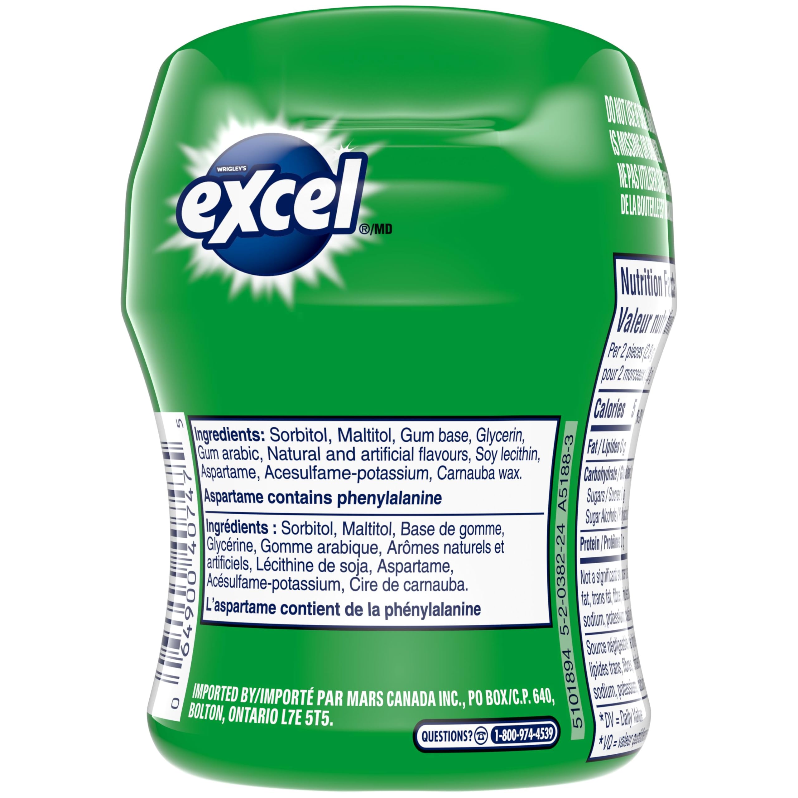 EXCEL, Spearmint Flavoured Sugar Free Chewing Gum, 60 Pieces, 6 Bottles 🍁 All In One Marketplace Canada