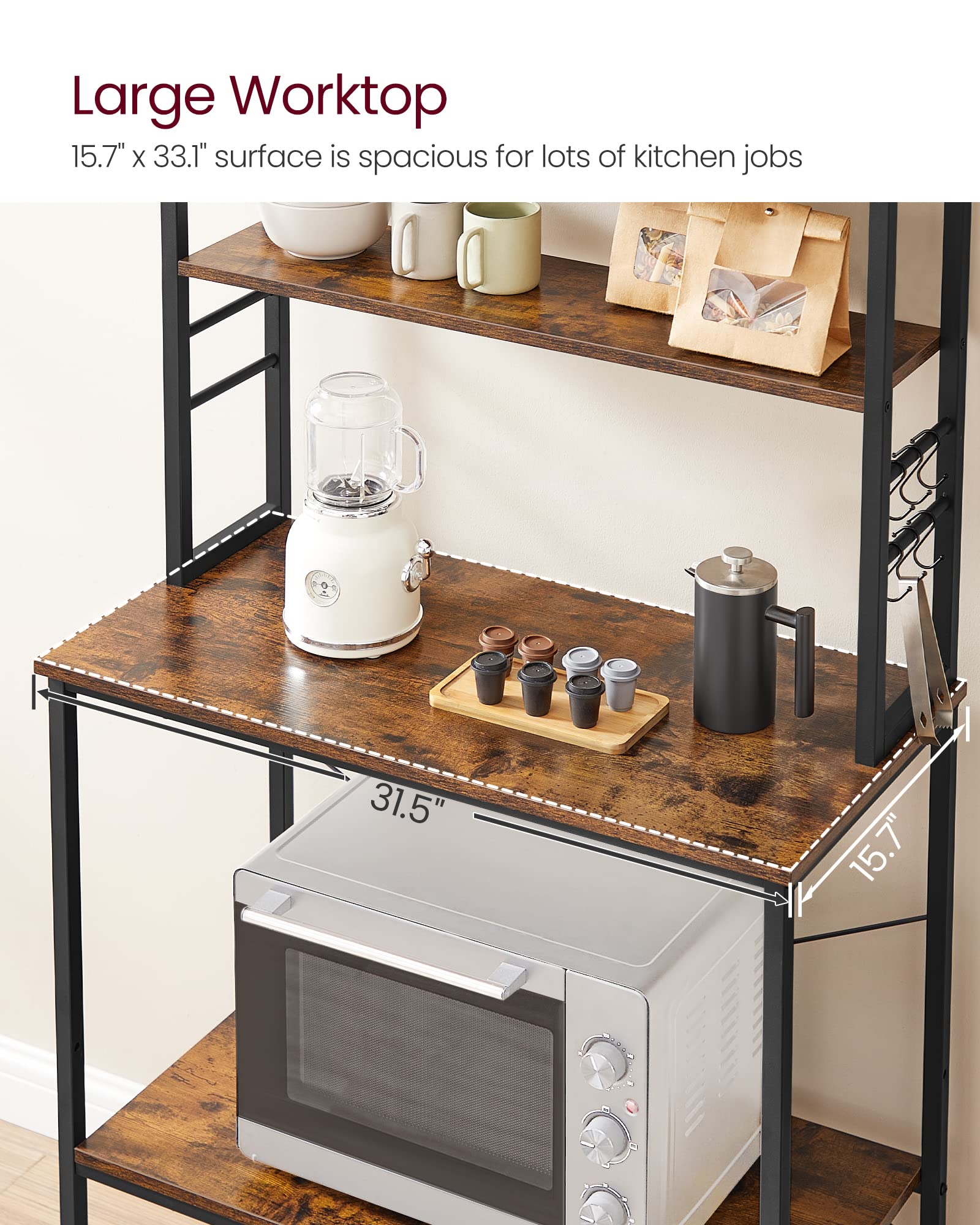 VASAGLE Coffee Bar, Baker’s Rack for Kitchen with Storage, 6-Tier Kitchen Shelves with 6 Hooks, Microwave Stand, Industrial, 15.7 x 31.5 x 65.7 Inches, Rustic Brown and Black UKKS019B01 🍁 All In One Marketplace Canada
