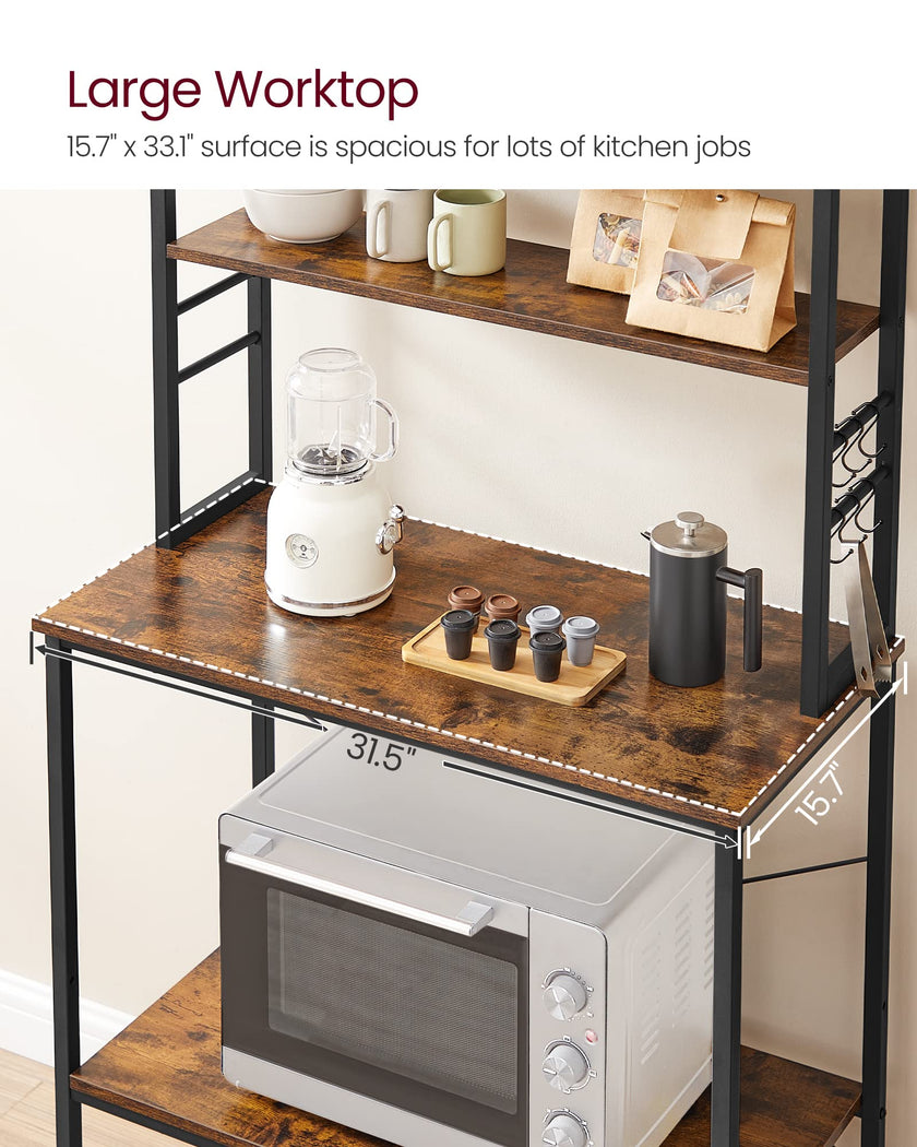 VASAGLE Coffee Bar, Baker’s Rack for Kitchen with Storage, 6-Tier Kitchen Shelves with 6 Hooks, Microwave Stand, Industrial, 15.7 x 31.5 x 65.7 Inches, Rustic Brown and Black UKKS019B01 🍁 All In One Marketplace Canada