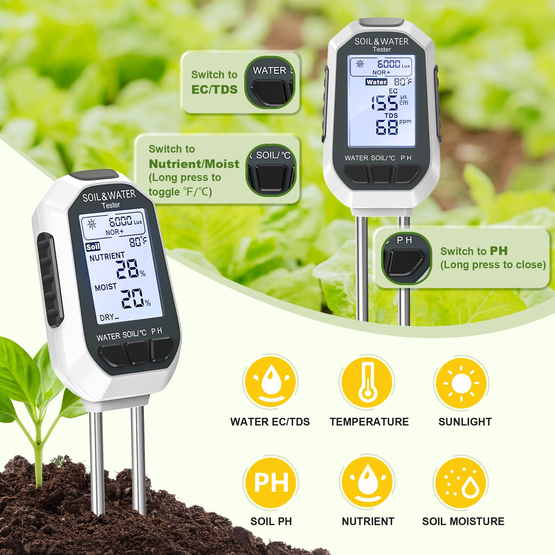 7-in-1 Soil＆Water Meter Digital Plant Temperature/Soil Moisture/PH Meter/Sunlight Intensity/Fertility/EC/TDS Backlight LCD Display Soil Test Meter TDS EC Meter for Garden Indoor Outdoor 🍁 All In One Marketplace Canada