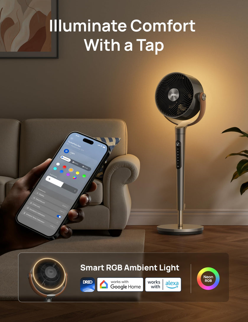 DREO Smart Fan For Bedroom, Standing Fans for Home, 120°+150° Oscillating Pedestal Fan Wi-Fi/Voice Control, 100ft 20db Quiet Circulator RGB Fan, DC Motor, 6 Modes, 12 Speeds, 37-42'' Adjustable Height 🍁 All In One Marketplace Canada