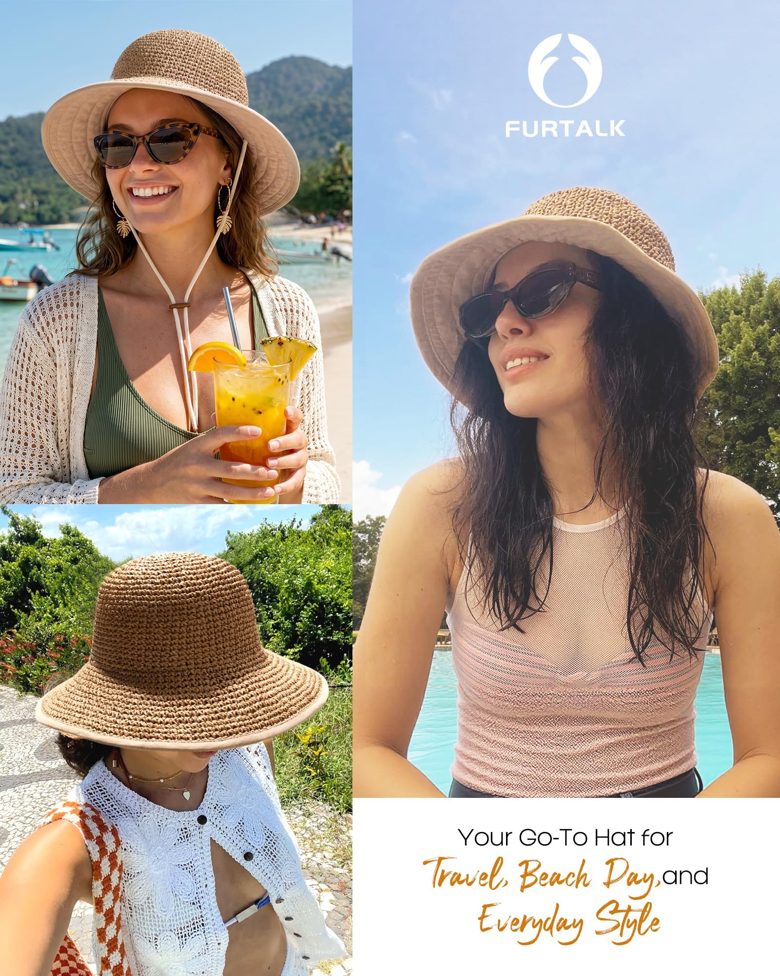 FURTALK Sun Hats for Women Handmade Summer Beach Hat Wide Brim Straw Hat Foldable Packable UPF 50 Crochet Travel Bucket Hat Kahaki 🍁 All In One Marketplace Canada
