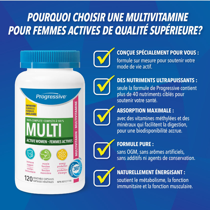 Progressive Advanced Daily Multivitamin for Active Women, with DIM, Chastetree, Maca, and Ashwagandha. Supports Immune Health, Healthy Estrogen Balance, and Energy, 100% Complete, Canadian-Made, 120 Count 🍁 All In One Marketplace Canada