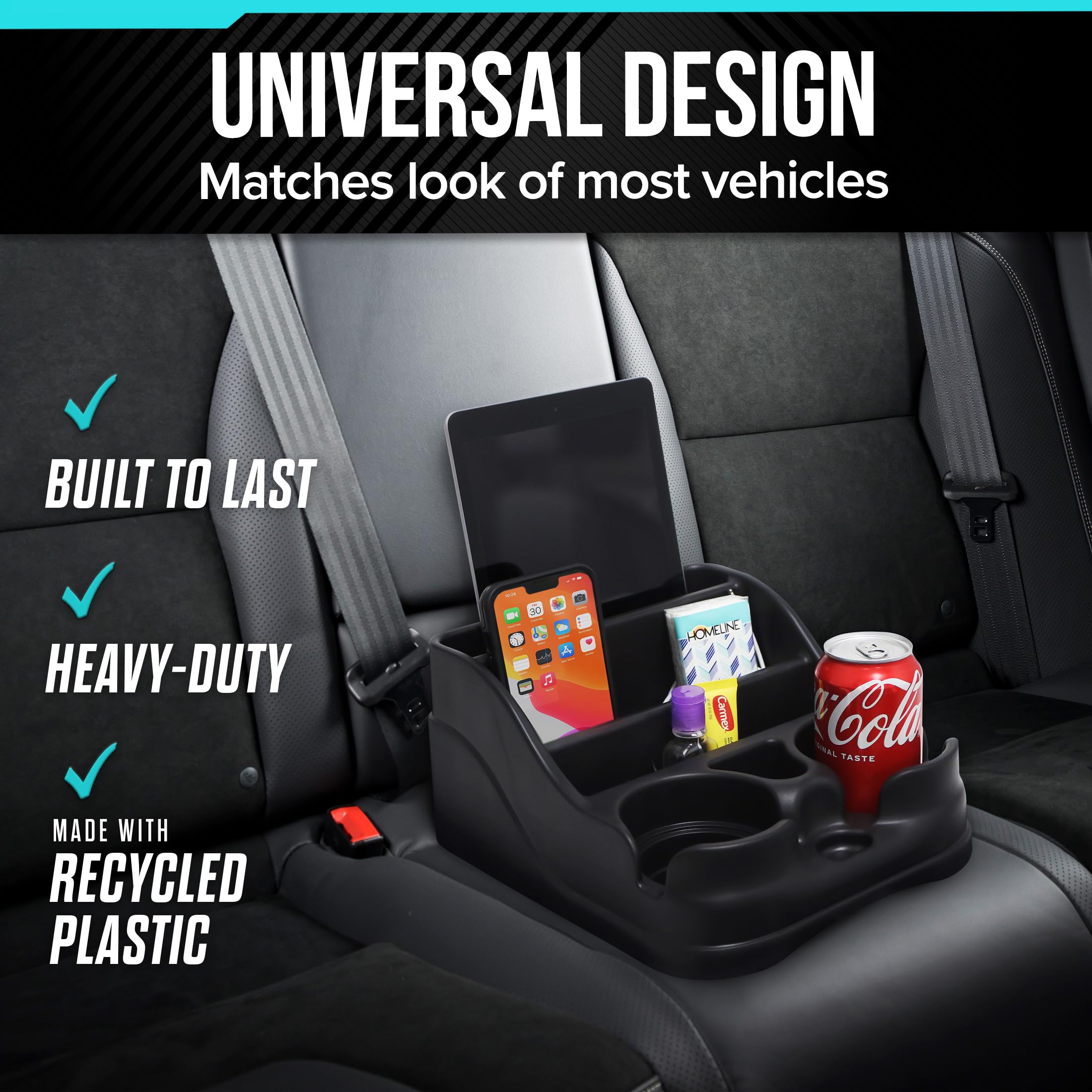 Moblorg Small Center Console for Cars, Trucks, Minivans, SUVs, Vehicle Organizer, Cup Holders, Recycled Plastic, Made in USA (Black) 🍁 All In One Marketplace Canada