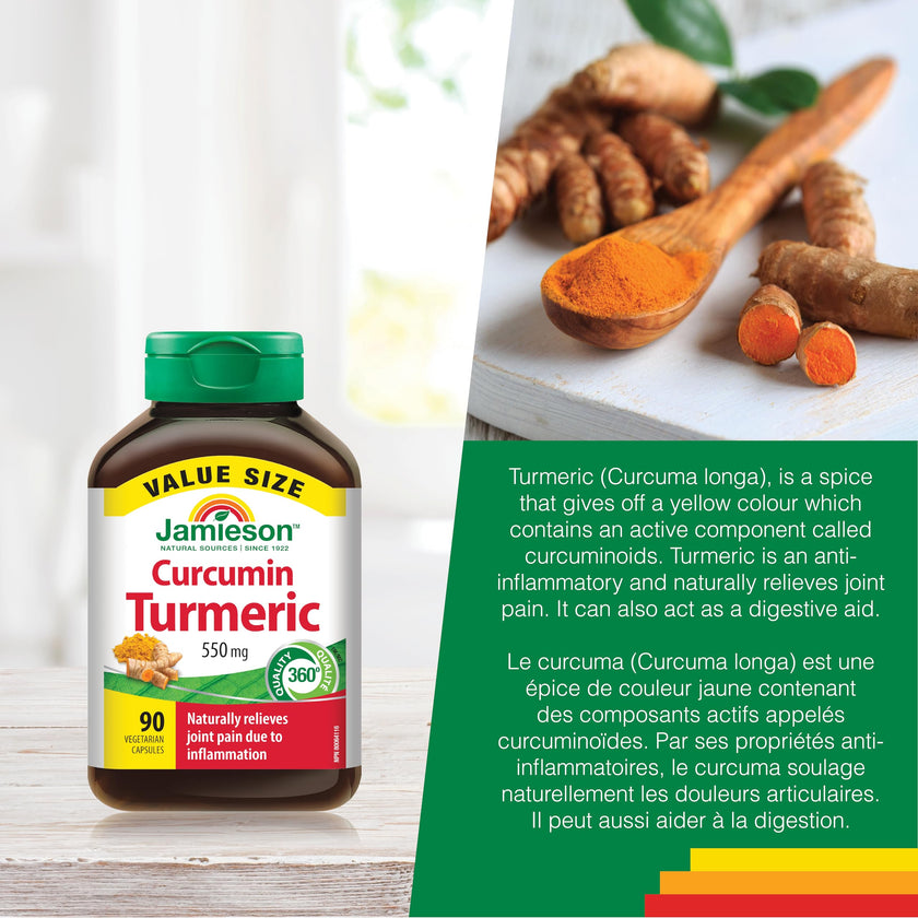 Jamieson Curcumin Turmeric 550 mg, Provides Natural Joint Pain Relief, Supports Inflammation, and Helps with Digestion. NON-GMO, Gluten-Free, 90 Vegetarian Capsules, Proudly Canadian 🍁 All In One Marketplace Canada