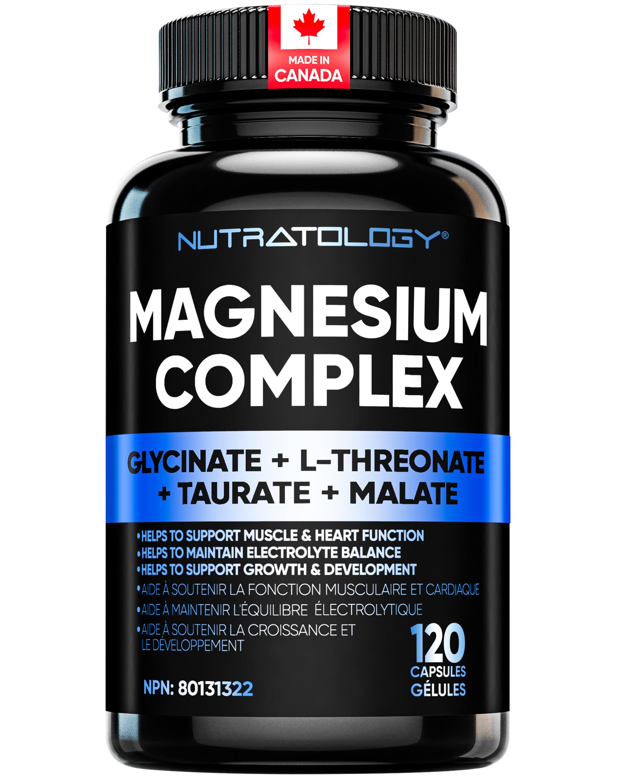 Nutratology Magnesium Complex - Glycinate, Malate, L-Threonate & Taurate With Vitamin B6 + Bioperine For Enhanced Absorption - Helps Support Healthy Bones, Muscles, Teeth & Heart - 100MG Elemental Magnesium Per Capsule - 120 Count