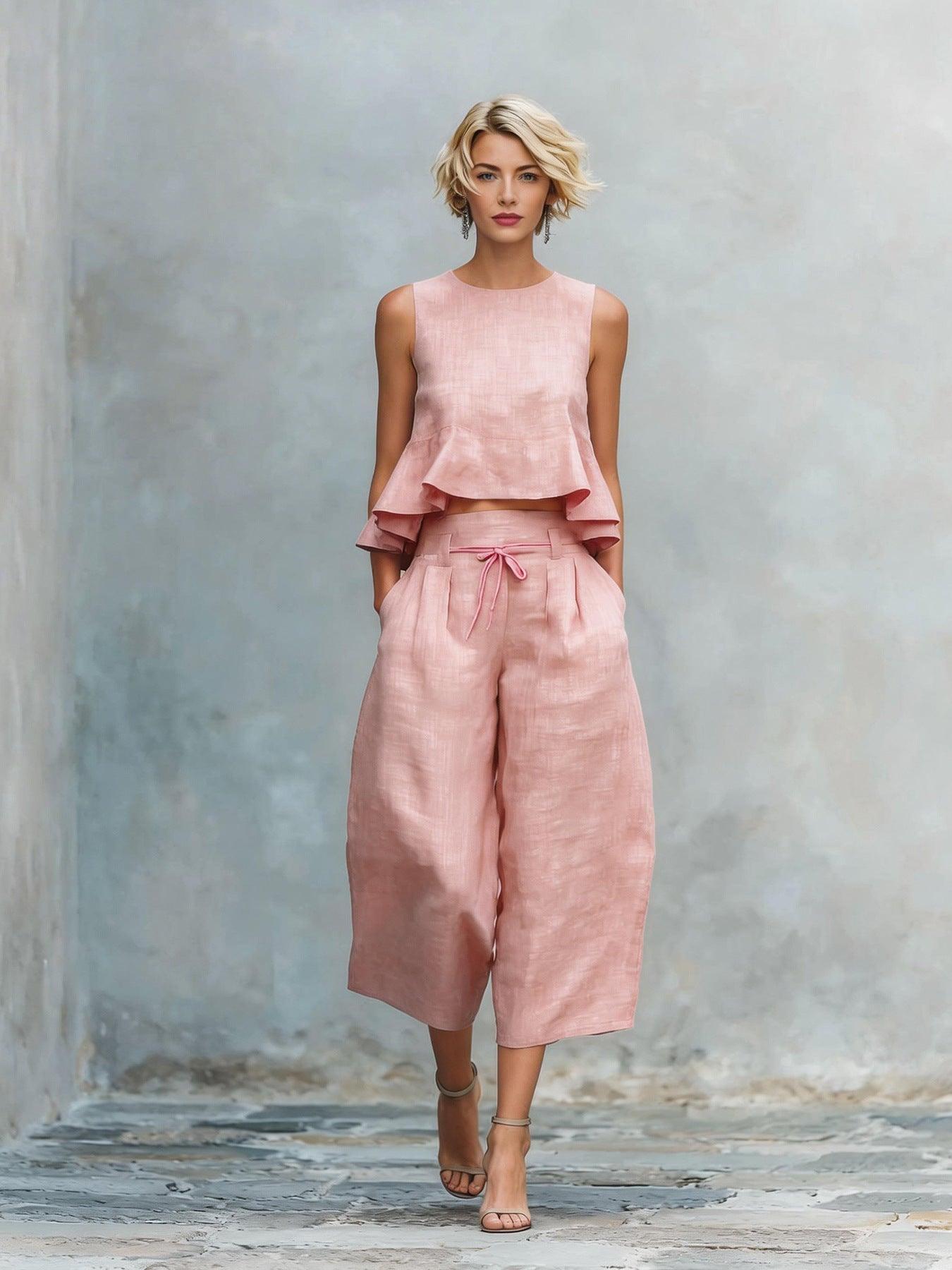 Women's 2 Piece Casual Linen Outfit Ruffle Top & Wide-Leg Pants