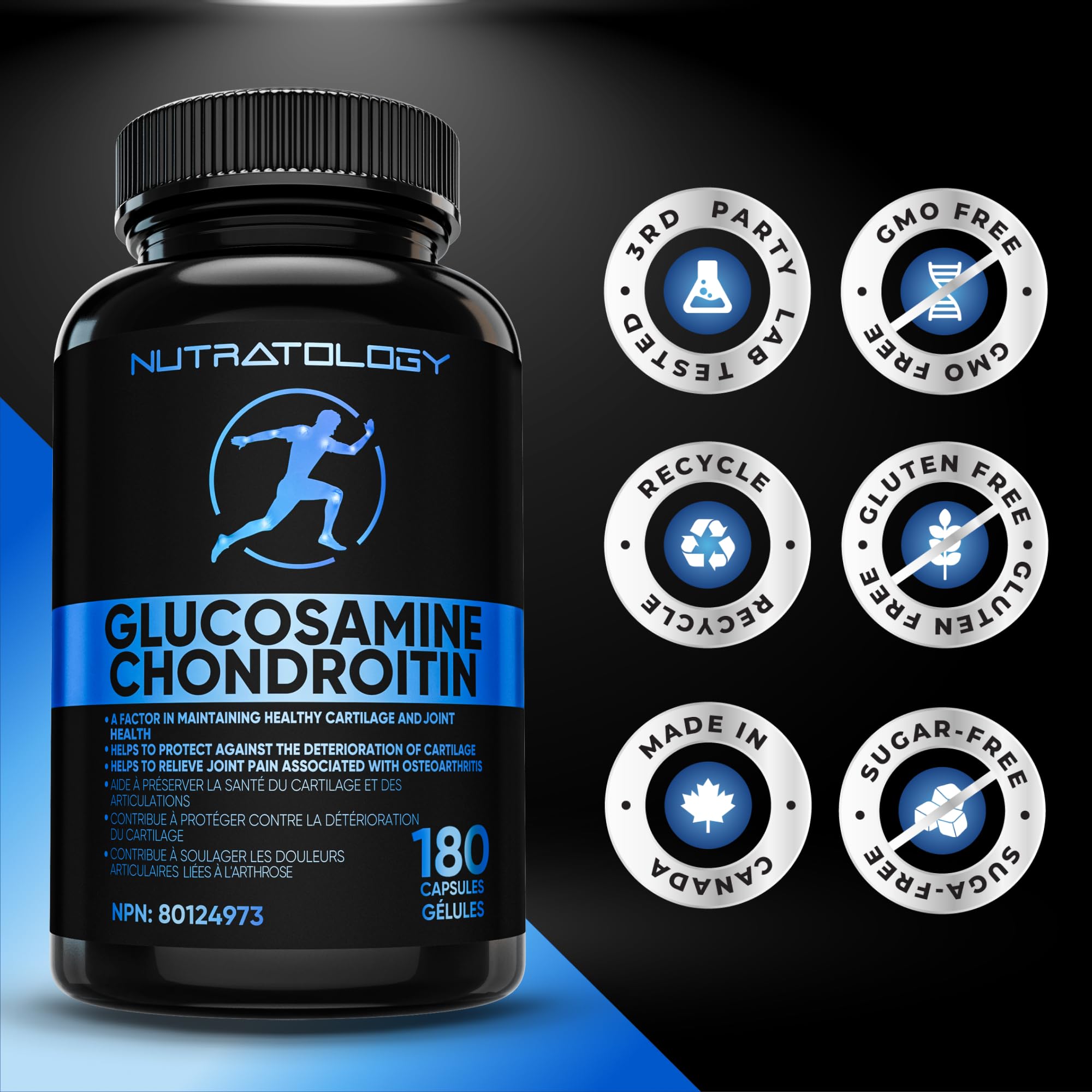 Nutratology® Glucosamine Joint Supplement with Chondroitin, MSM & Turmeric | Canadian-Made | Joint Pain Relief Supplements - 1500MG Glucosamine - Supports Healthy Joints & Cartilage - 180 Capsules 🍁 All In One Marketplace Canada