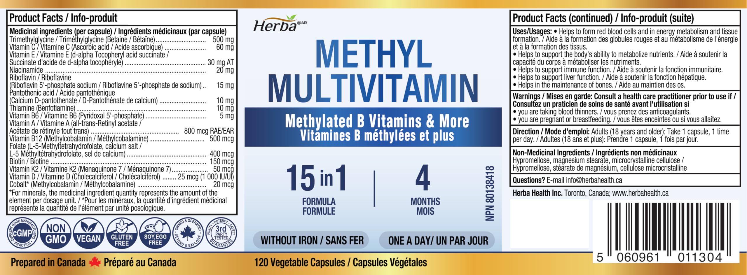 Herba Methylated Multivitamin with 500mg TMG & Methylated B Complex - 120 Capsules | 15 in 1 Formula | B Complex Vitamins for Women & Men including Methyl Folate Supplement | Vegan | Made in Canada 🍁 All In One Marketplace Canada