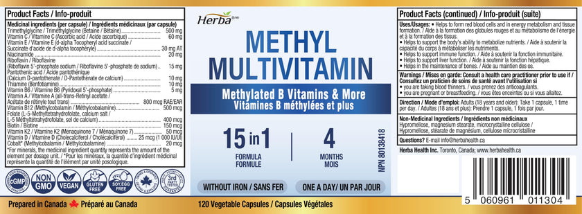 Herba Methylated Multivitamin with 500mg TMG & Methylated B Complex - 120 Capsules | 15 in 1 Formula | B Complex Vitamins for Women & Men including Methyl Folate Supplement | Vegan | Made in Canada 🍁 All In One Marketplace Canada