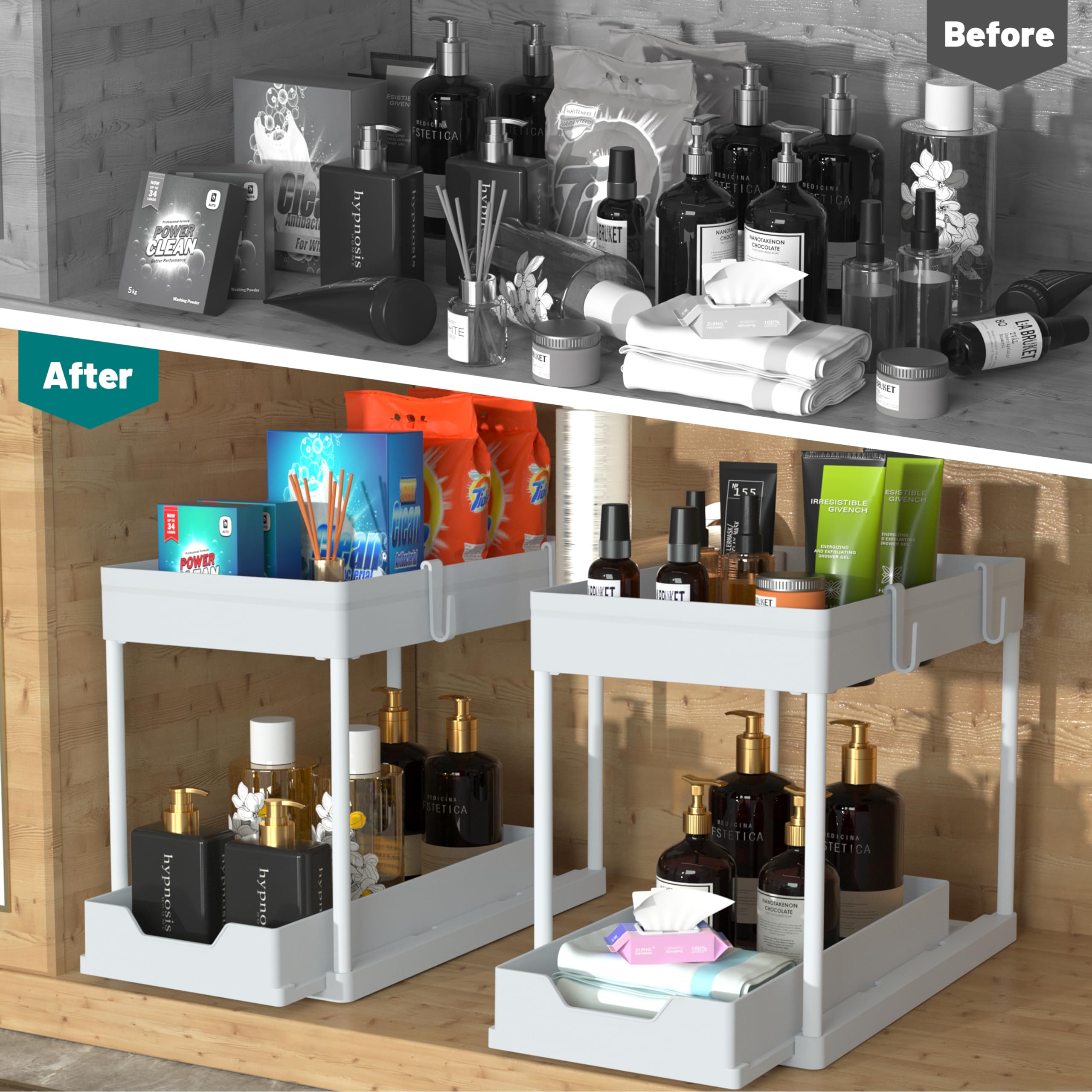 DEKAVA Under Sink Organizer 2 Pack, Bathroom Organizes, 2 Tier Sliding Cabinet Basket Organizer Drawer, Multi-Purpose Bath Collection Baskets for Bathroom (White) 🍁 All In One Marketplace Canada