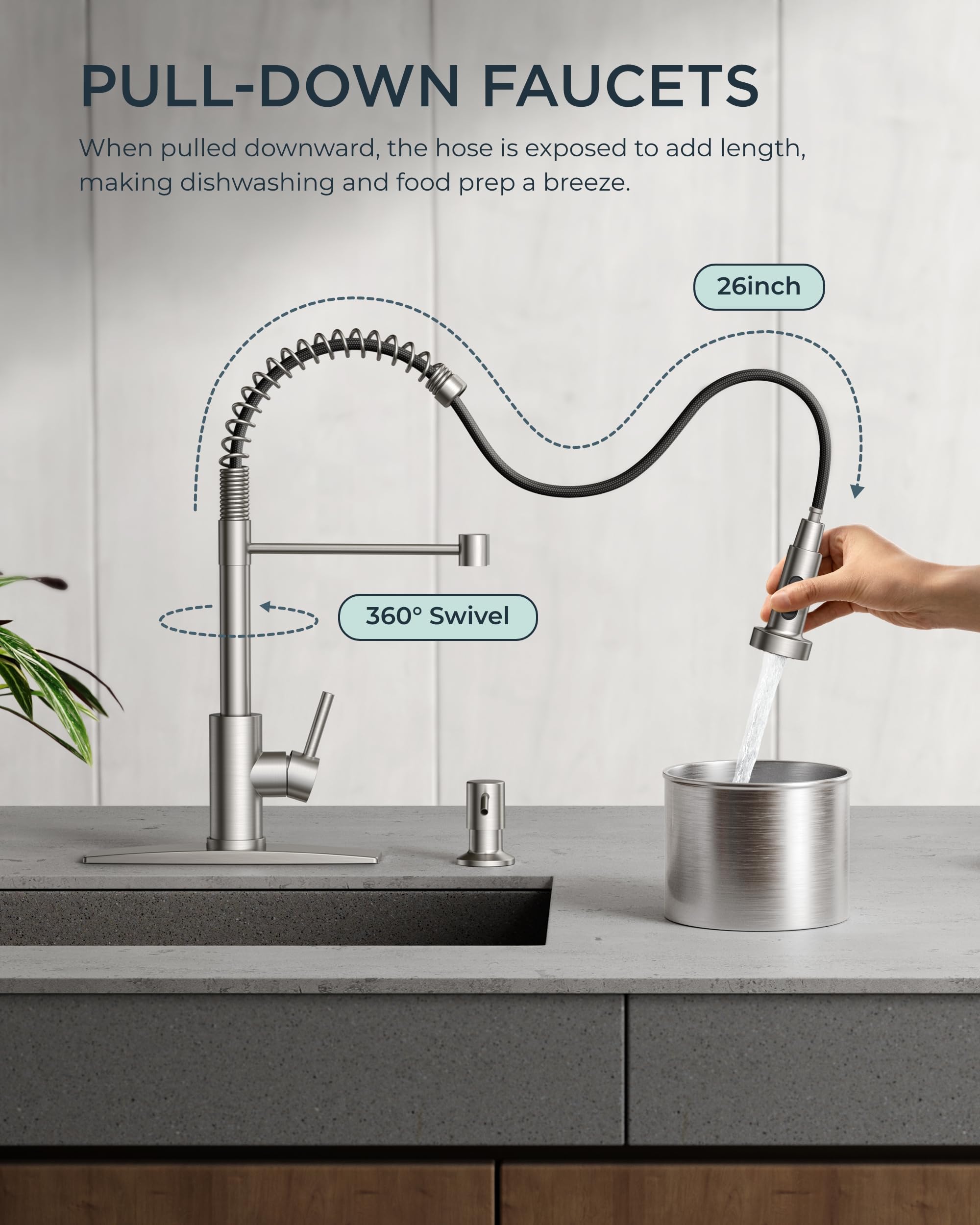 FORIOUS Kitchen Faucets, Brushed Nickel Kitchen Sink Faucet with Pull Down Sprayer, Commercial Kitchen Faucet Stainless Steel, Classic Single Handle Pull Out Sink Faucets for RV Laundry Utility Room 🍁 All In One Marketplace Canada