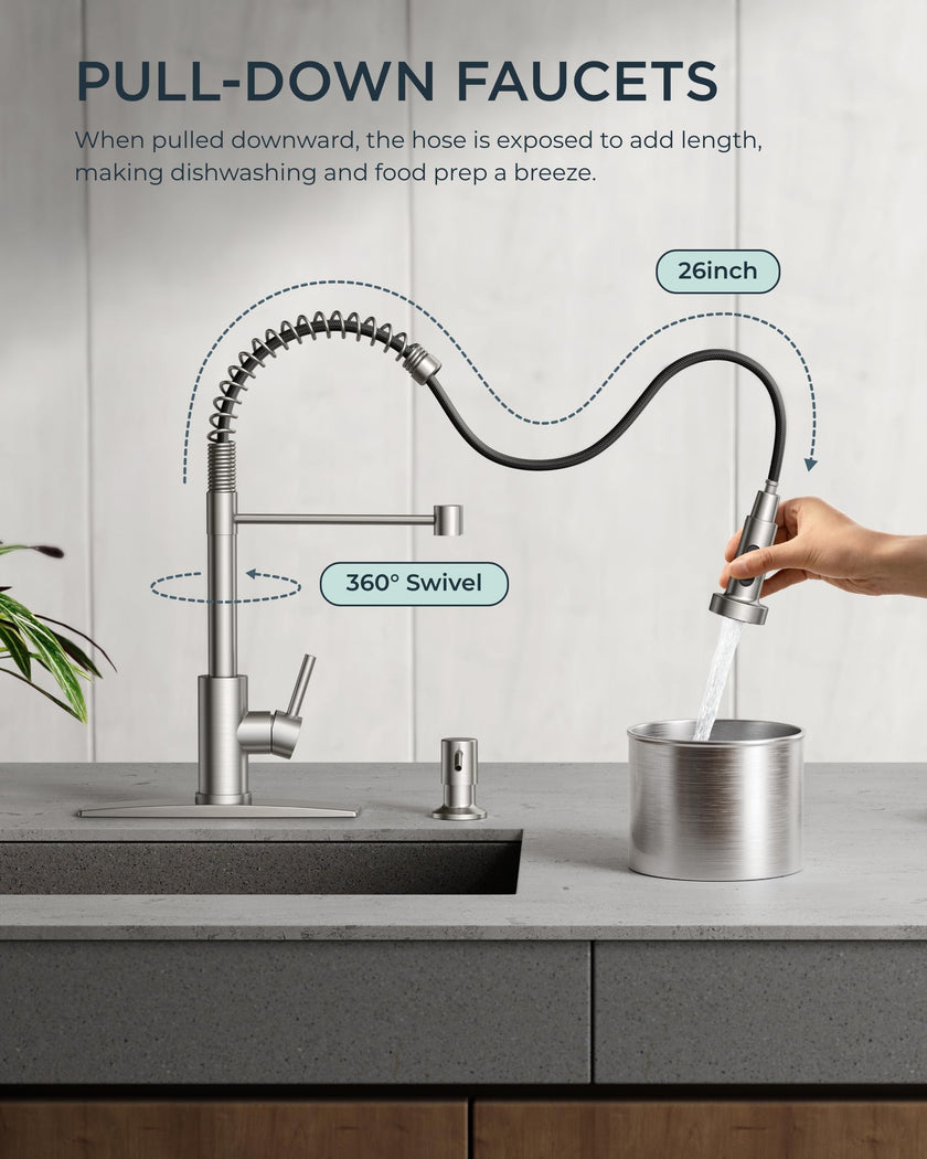 FORIOUS Kitchen Faucets, Brushed Nickel Kitchen Sink Faucet with Pull Down Sprayer, Commercial Kitchen Faucet Stainless Steel, Classic Single Handle Pull Out Sink Faucets for RV Laundry Utility Room 🍁 All In One Marketplace Canada
