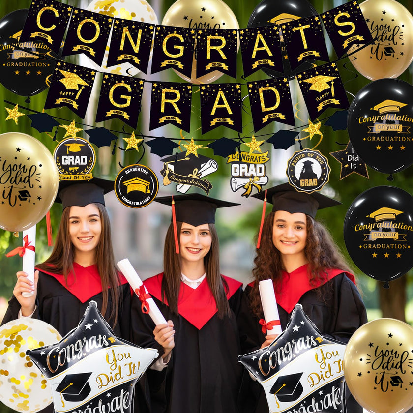 Graduation Decorations Class of 2026, 12Pcs Black and Gold balloons with Swirl and Graduation Garland Congrats Grad 2026 Banner for College High School Party Supplies 🍁 All In One Marketplace Canada