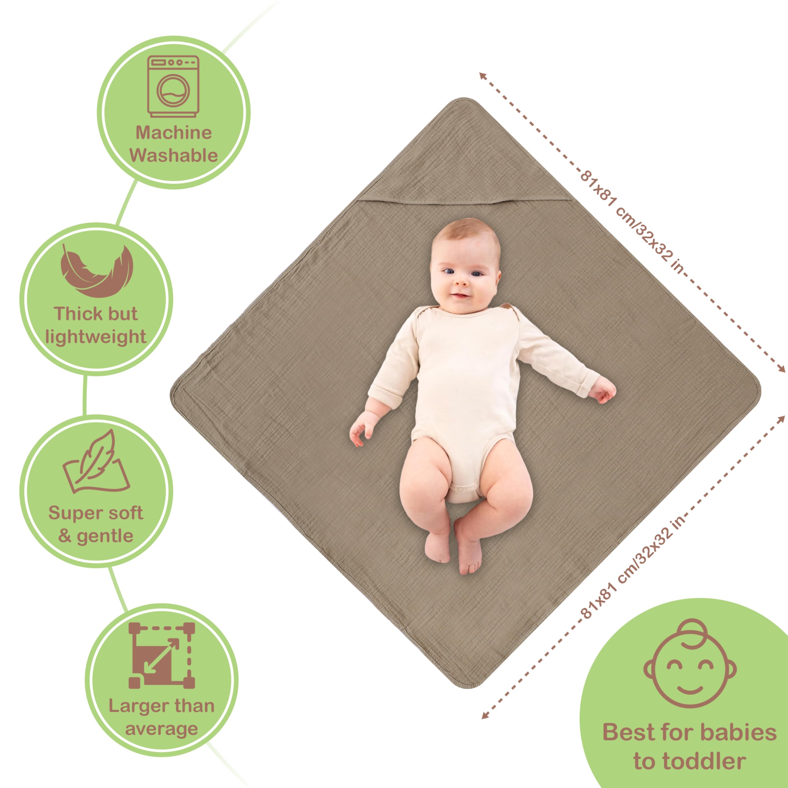 Infancie 100% Organic Cotton Muslin Hooded Baby Towels 2 Pack 81 X 81 CM Shower Towel Soft Breathable Lightweight Quick Dry Gentle On Baby Skin for Newborns and Infants 🍁 All In One Marketplace Canada