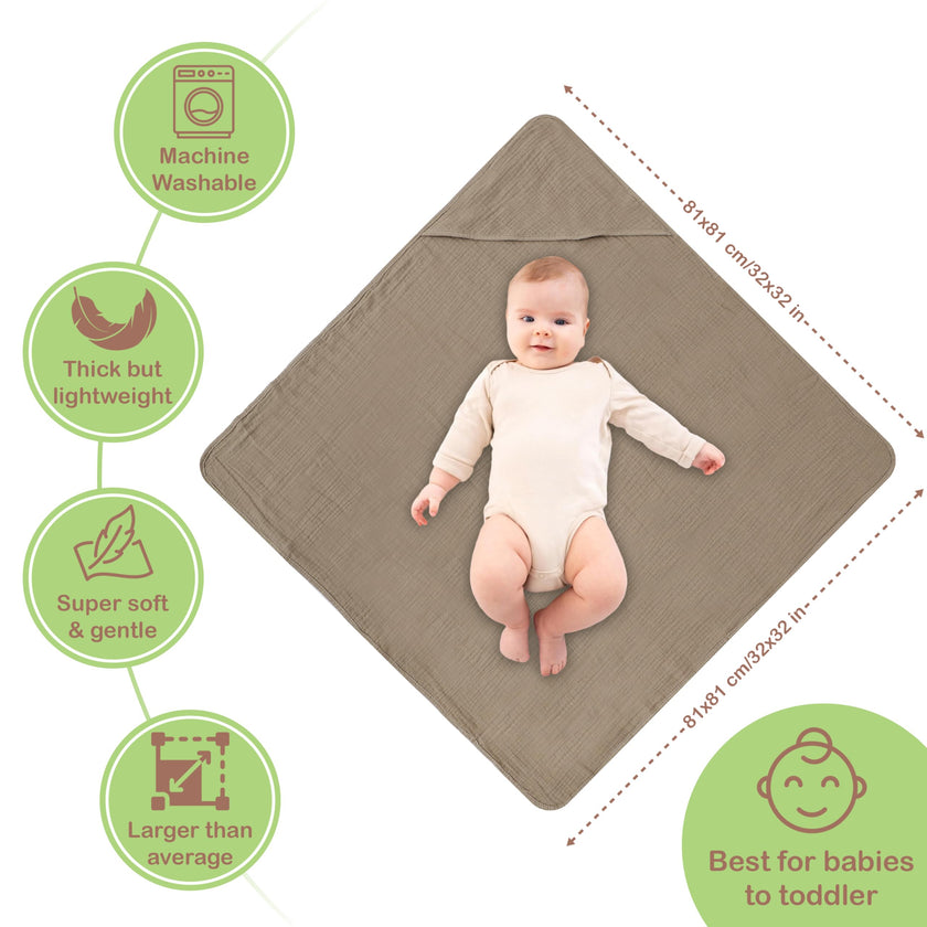 Infancie 100% Organic Cotton Muslin Hooded Baby Towels 2 Pack 81 X 81 CM Shower Towel Soft Breathable Lightweight Quick Dry Gentle On Baby Skin for Newborns and Infants 🍁 All In One Marketplace Canada