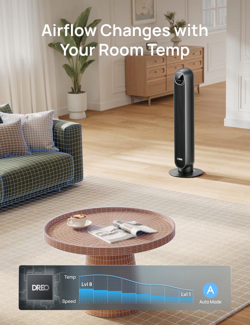 DREO Tower Fan for Bedroom, 2026 Upgraded DC Motor, 28ft/s High Velocity, 20dB Ultra Quiet Standing Fan, 8 Speeds 4 Modes, 90° Oscillating Bladeless Fan for Indoors, Floor Fans with Remote, Black 🍁 All In One Marketplace Canada