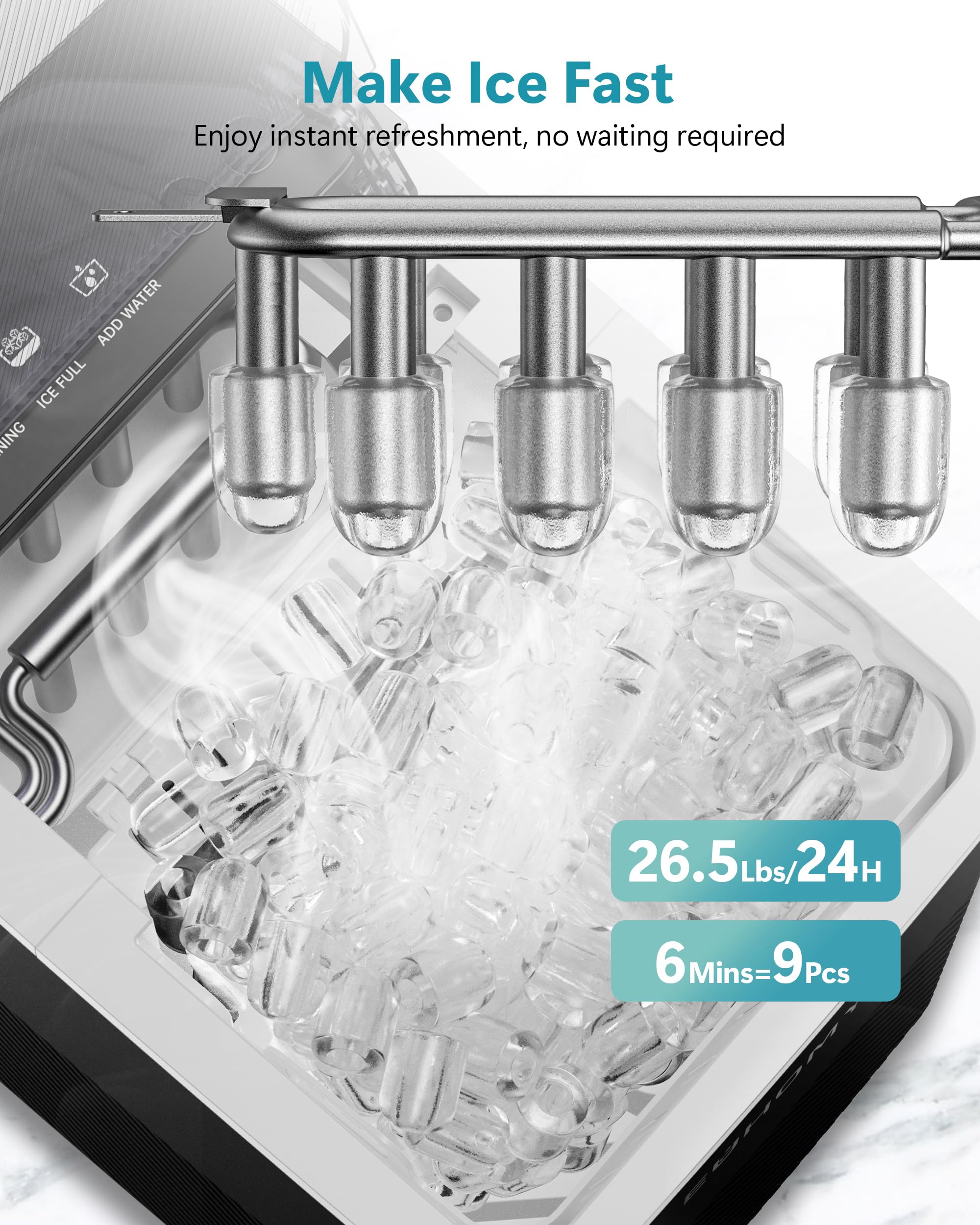 EUHOMY Countertop Ice Maker, 26.5 lbs/24H Portable Ice Machine with Ice Scoop & Basket, Fast 6-10 Mins Ice Making, 2 Ice Sizes, Ideal for Home, Kitchen, RV, Party 🍁 All In One Marketplace Canada