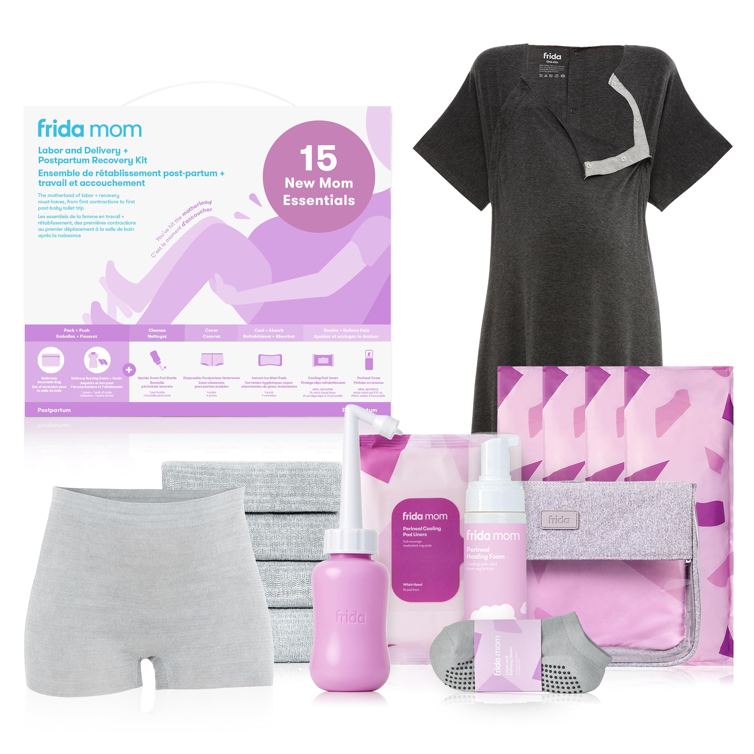 Frida Mom 15pc Labor, Delivery, & Postpartum Kit Gift Set for Baby Showers & Mom to Be, Includes Peri Bottle, Nursing Gown, Disposable Underwear, Ice Maxi Pads, Pad Liners, Perineal Foam, Socks & Toiletry Bag 🍁 All In One Marketplace Canada
