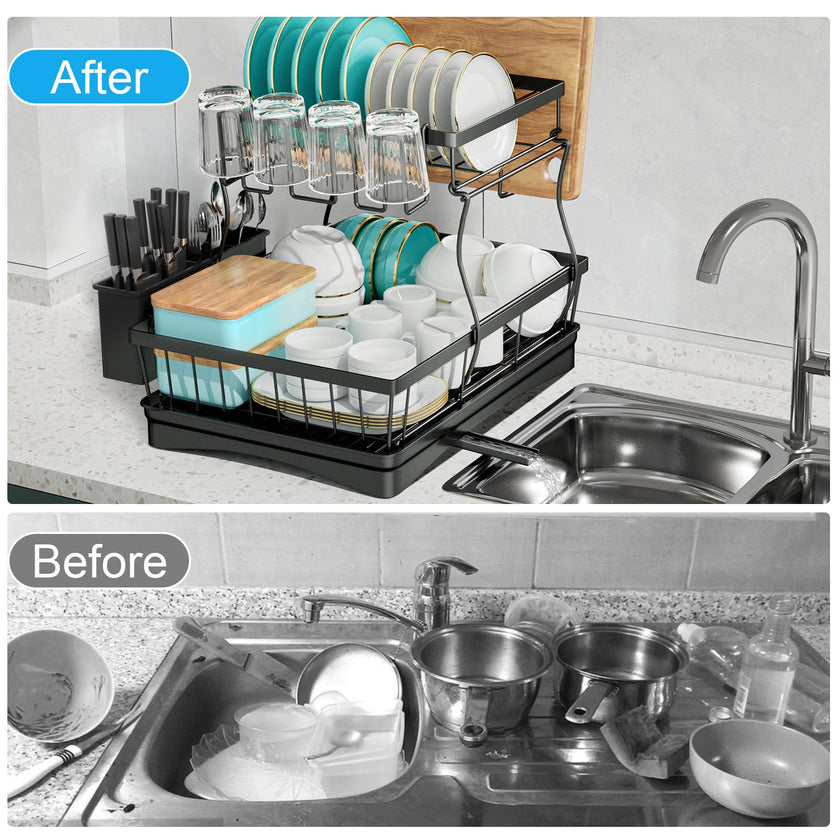 7 code Large Dish Drying Rack for Kitchen Counter,Detachable Large Capacity Dish Drainer Organizer with Utensil Holder,2-Tier Dish Drying Rack with Drain Board,Black 🍁 All In One Marketplace Canada
