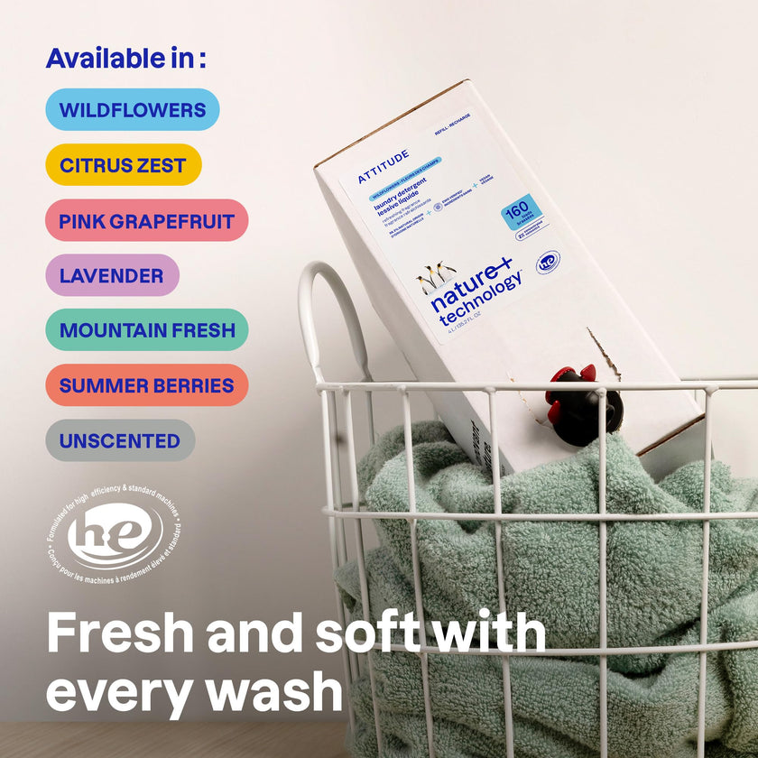 ATTITUDE Liquid Laundry Detergent Refill, EWG Verified, HE Compatible, Plant-Based & Vegan, Natural Laundry Soap, Made in Canada, Unscented, 160 Loads, 4 Liters 🍁 All In One Marketplace Canada