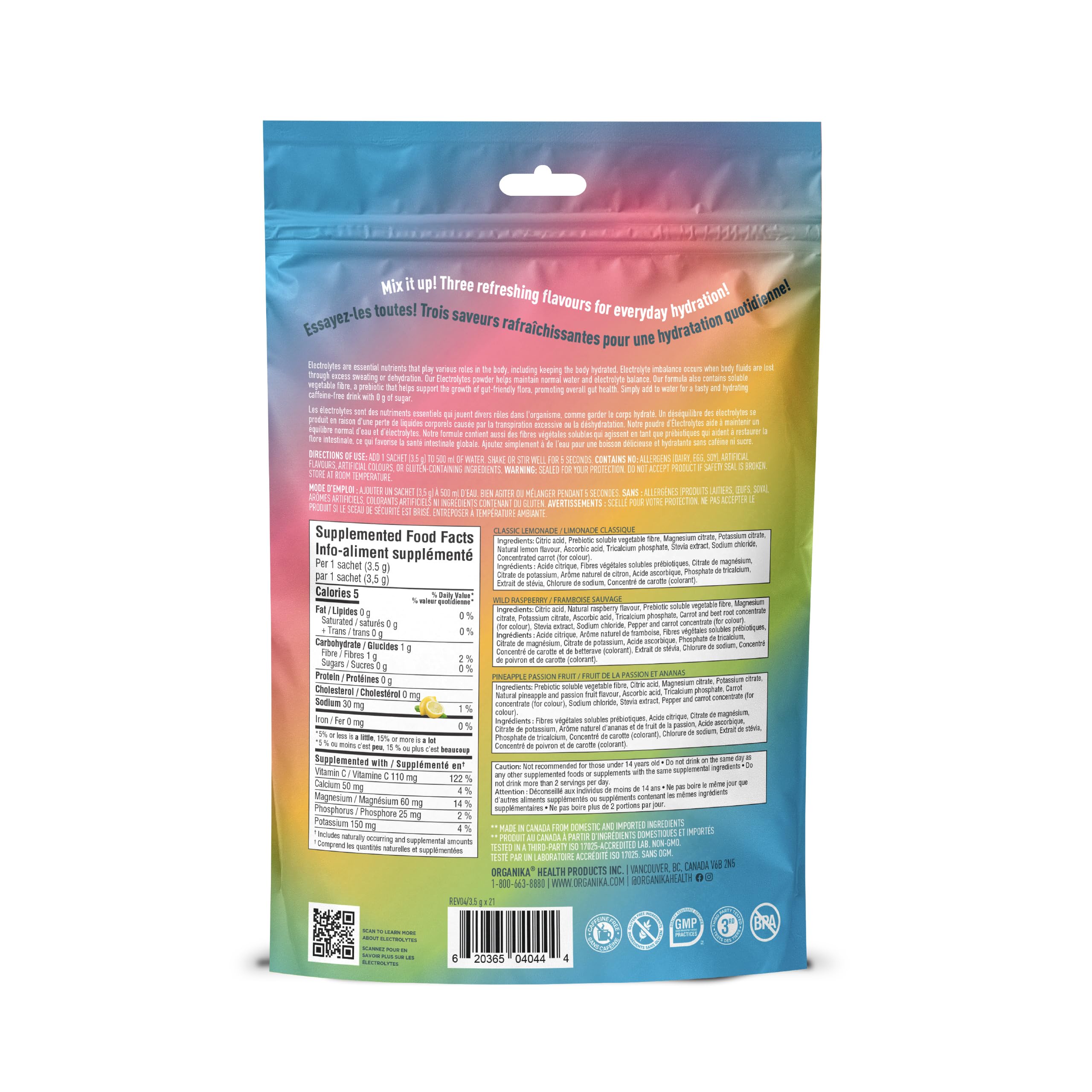 Organika Canadian-Made Electrolytes Powder with Vitamin C & Prebiotic Fibre - Sugar-Free Hydration Drink Mix Variety Pack - Lemonade, Raspberry & Pineapple Passionfruit - 21 Single-Serve Sachets x 3.5g 🍁 All In One Marketplace Canada
